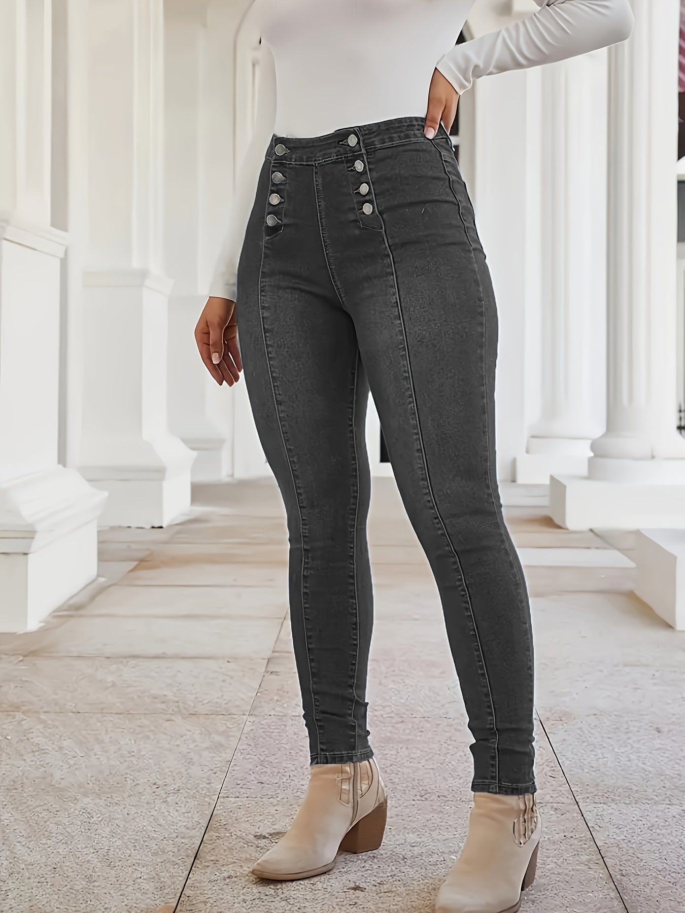 Jean skinny à boutons et plis piqués, pantalon en denim stretch moyen croisé style vintage, jean et vêtements en denim pour femme, idéal pour l'automne