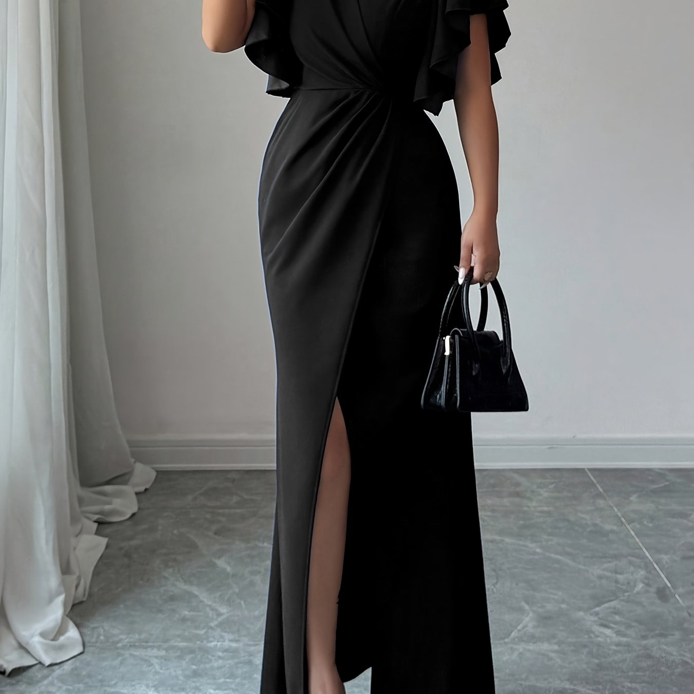 Elegant Solid Color Women'S Dress with a Fitted Waist And Split Hem in Royal Blue, Long Autumn Dress for Women WJ493