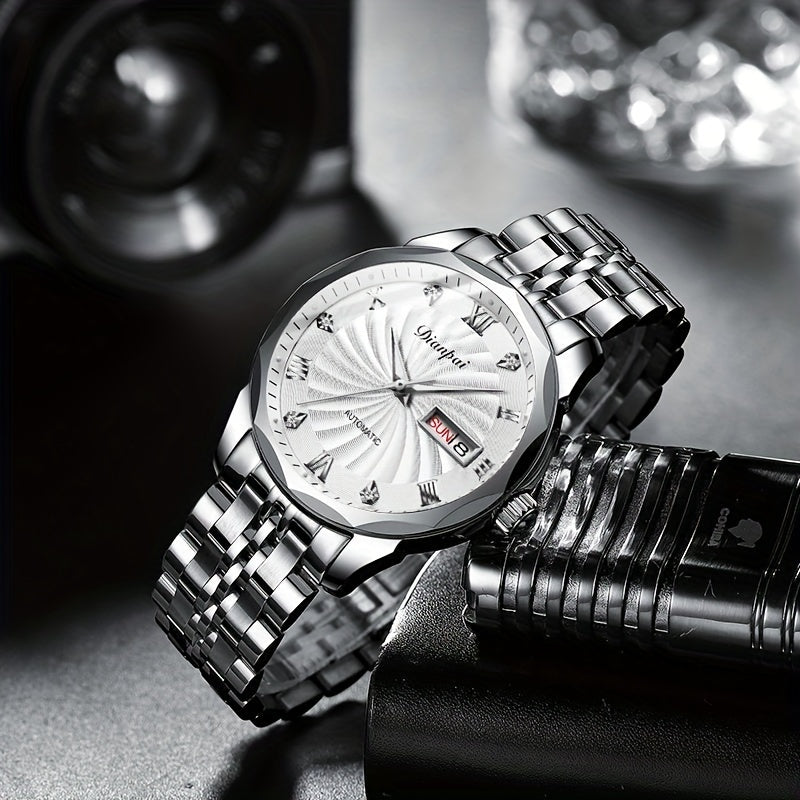 Men's Automatic Mechanical Watch with Luminous Dial, Waterproof, Roman Numerals & Date/Day Display, Golden-Tone Steel Band, Accents - Fashionable Dress Watch for Everyday & Formal Wear, Bling Watch, Formal Timepiece B