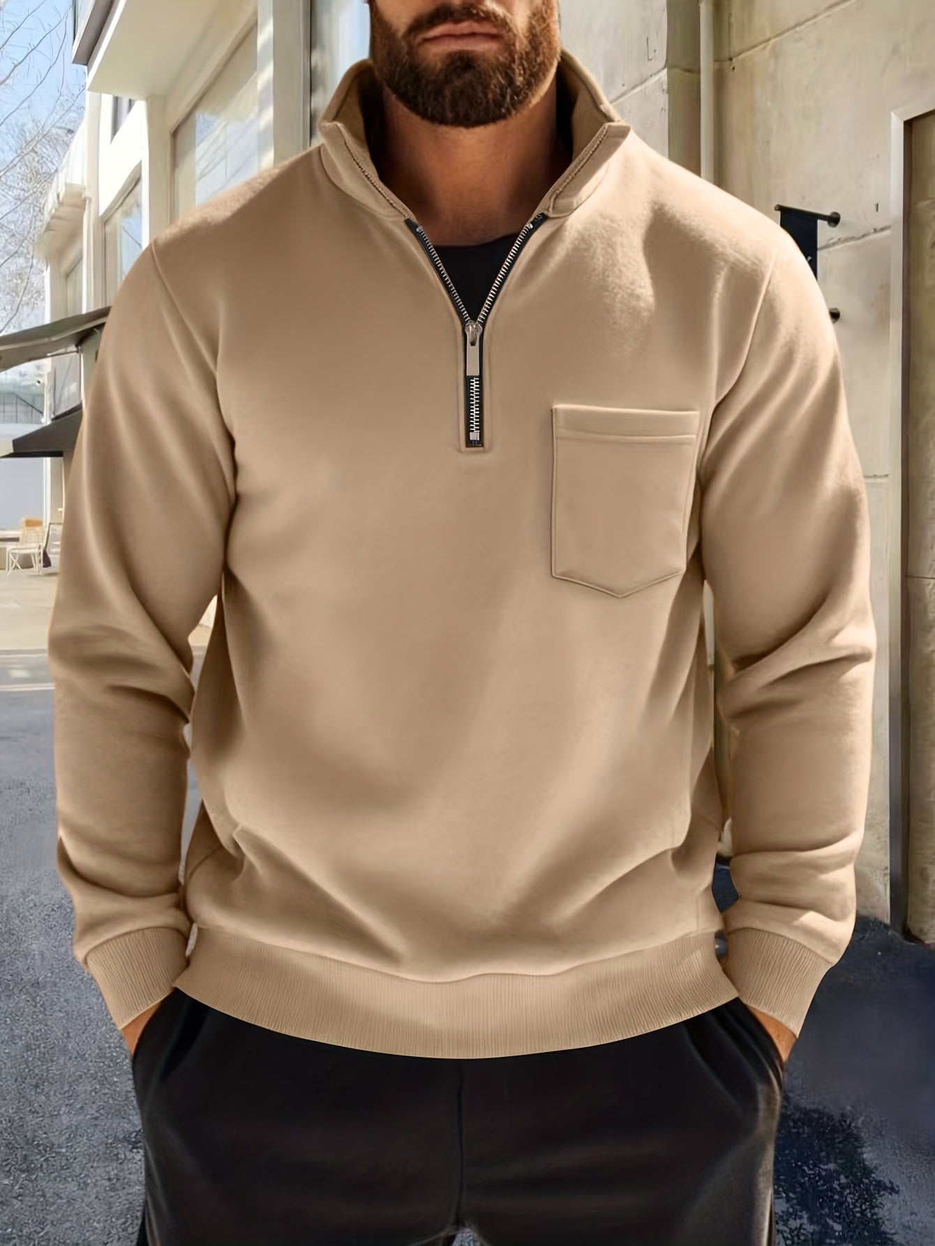 Men'S Thickened Long Sleeve Shirt - Half-Zip, Versatile Long Sleeve Turn- Collar Base Layer Top with Chest Pocket, Suitable for Autumn/Winter, Winter Clothing, Autumn Apparel, Classic Collar, Durable Fabric, Warm Material, Ba