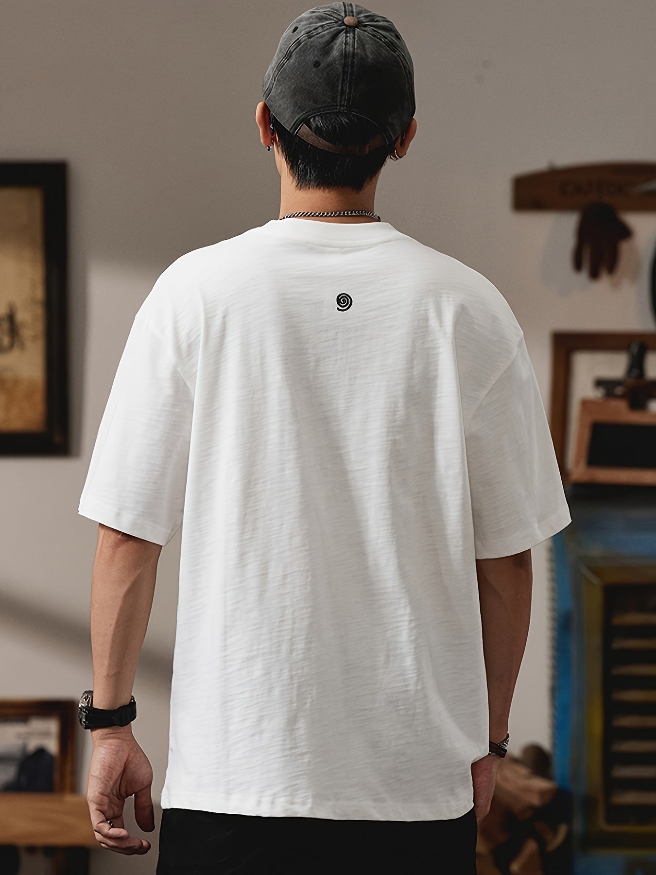 Men's Heavyweight 100% Cotton Oversized T-Shirt with Music Note & Headphone Graphic Chest Print - Breathable Summer Casual Round Neck Long Sleeve Loose Fit Tee for Casual Attire, Music Events & Lounge Outfits