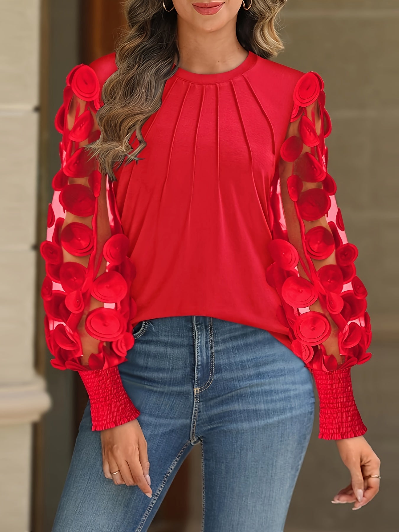 Blouse Y2K rouge à volants en mesh pour femmes, manches longues, col rond élégant avec bordure contrastée, printemps/été/automne