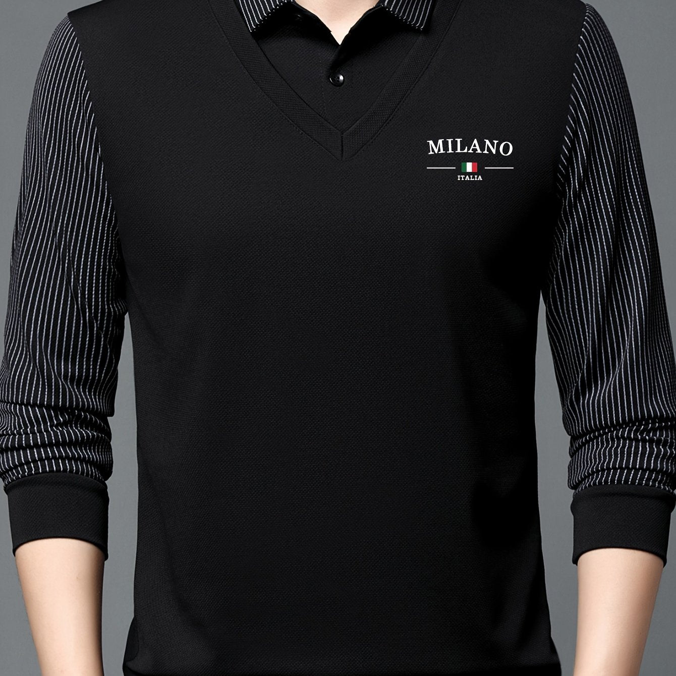 Men's All-Season Long Sleeve Shirt - Dark Green with White Contrast Collar &, Italian-Inspired Logo (Milano Italy Flag), Button-Front Placket, Casual to Smart-Casual Wear, Versatile for, Office & Everyday - Regular Fit