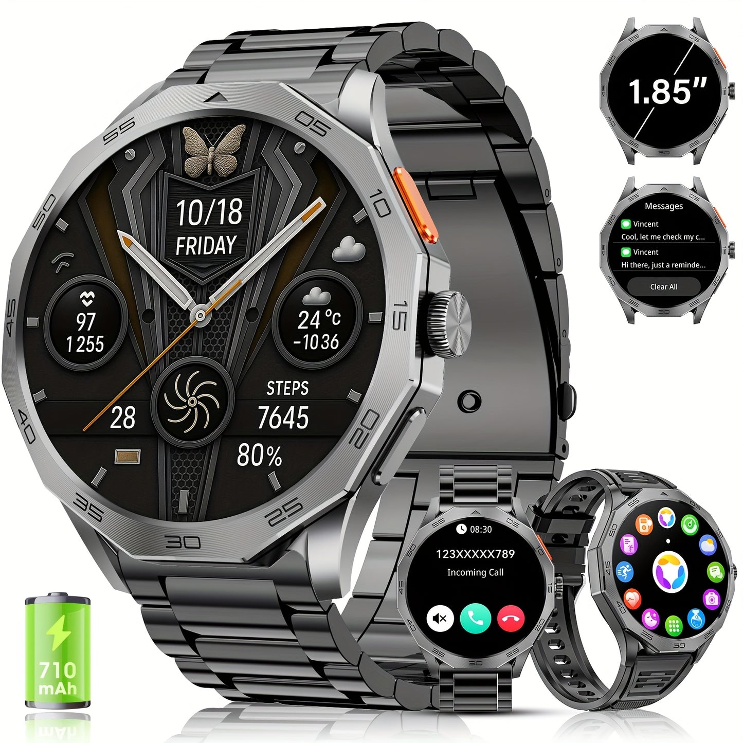Montre Connectée Homme & Femme – Écran Tactile HD 1,75", Appels (Répondre/Appeler), Modes Sport, Multi-Cadrans, Compatible iPhone & Android, Suivi Santé, Assistant Sport, Design Élégant