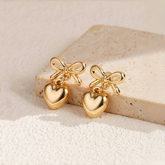 Paire de boucles d’oreilles vintage – nœud et cœur pendants, élégantes, parfaites pour le quotidien ou les décorations de fêtes