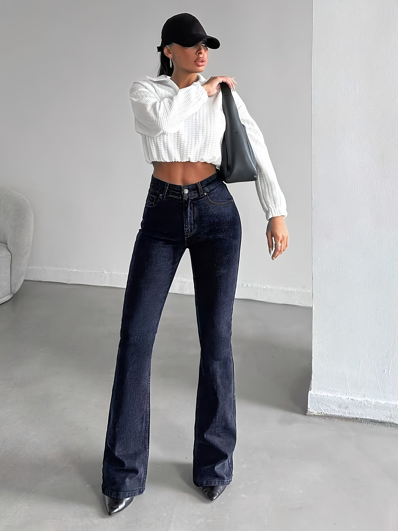 Jeans Femme Slim-Fit Évasé Bell-Bottom Boutons Non Extensible Structuré Toute Saison Décontracté et Formel