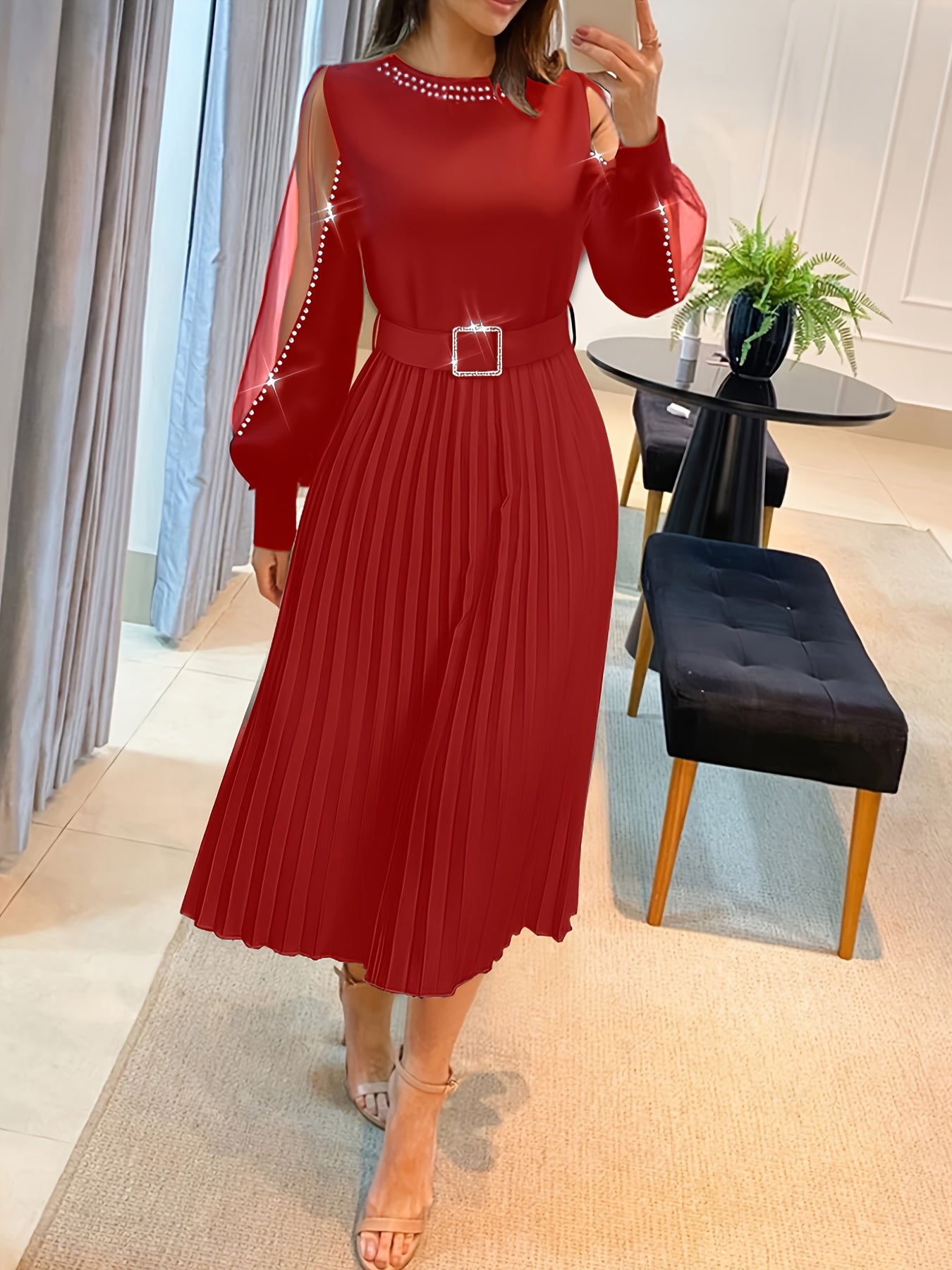 New Fashion Styles for The 2025 Holiday Season, Women'S Long-Sleeve Pleated Dress with Mesh Panels And a Belt Adorned with Rhinestones.