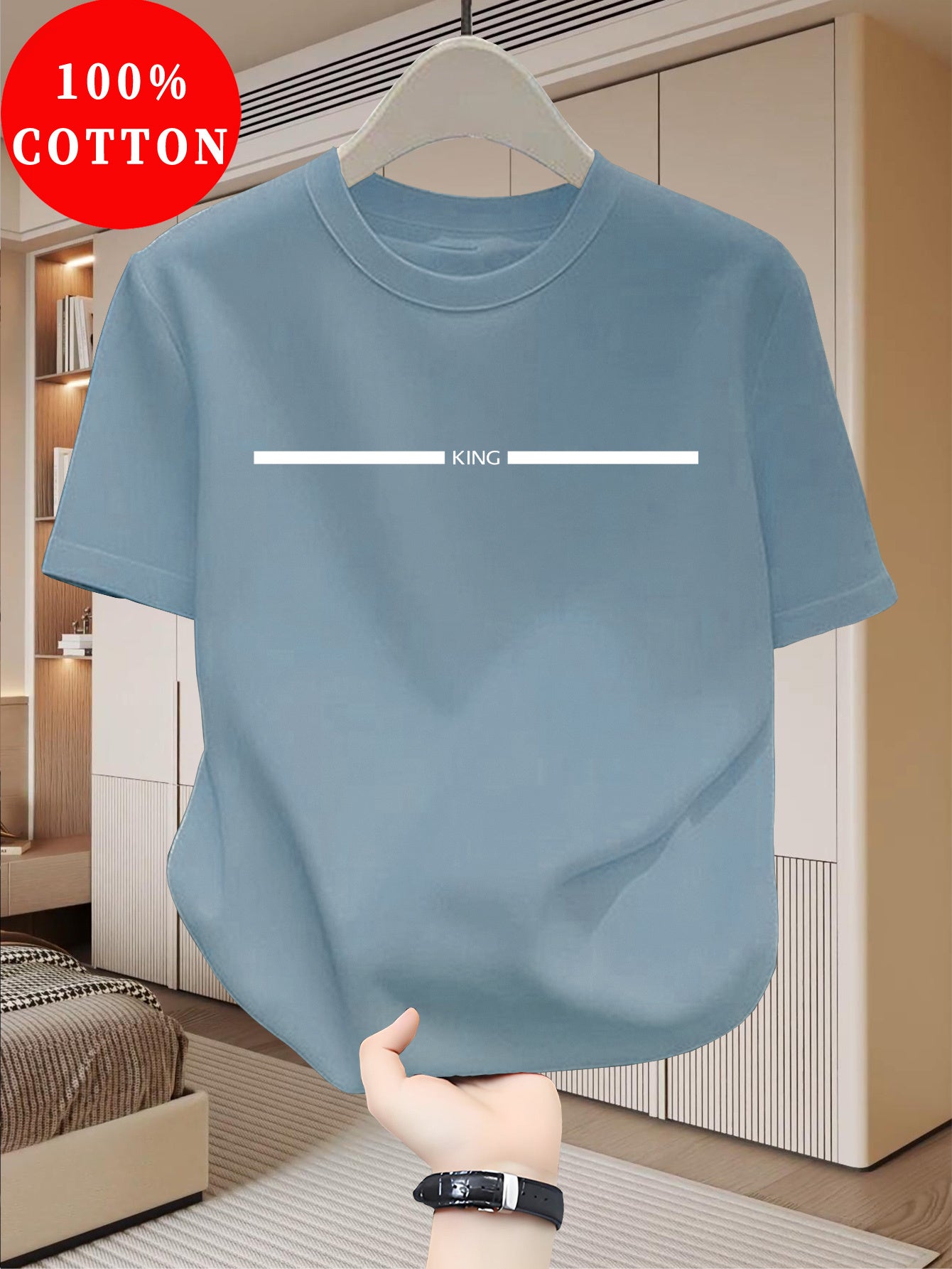 Men's 100% Cotton T-Shirt Slim Fit Short Sleeve - Minimalist Korean Text Print (Hangul: "king") Round Neck Summer Casual Shirt, Breathable Korean-Inspired Casual Attire, Hand Washable 100% Cotton Tee