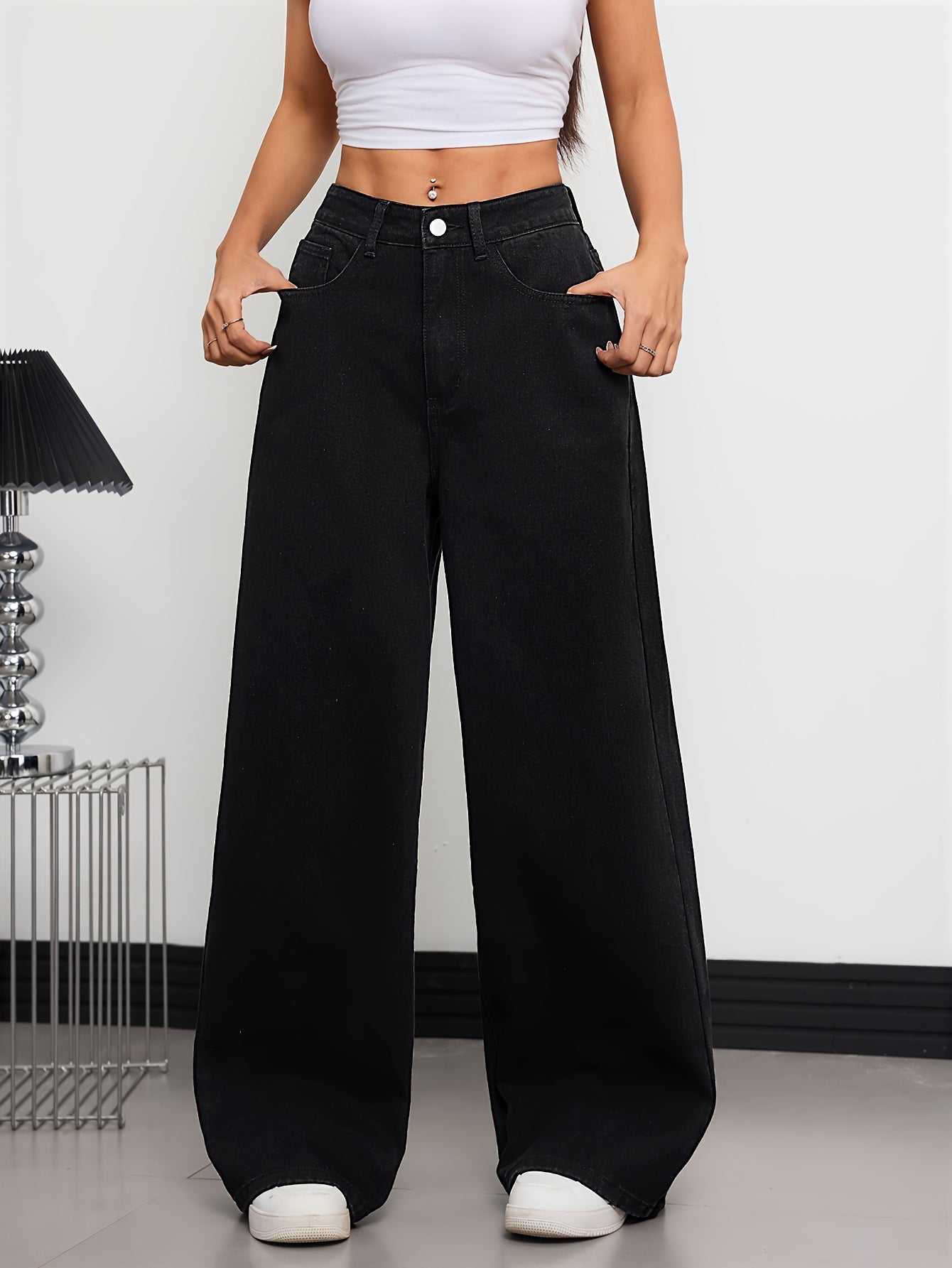 Jeans Femme Taille Haute – Jambe Droite, Noir, Décontracté avec Poches, Tous Saisons