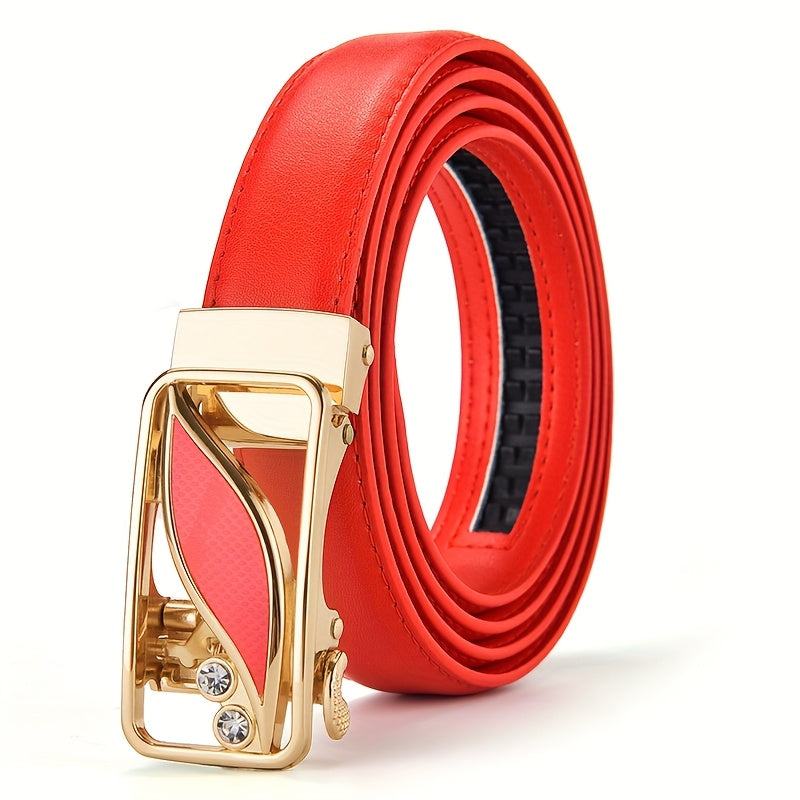 Ceintures pour femmes – Boucle automatique, design polyvalent sans trous, pour jeans et tenues décontractées, options rouge et noir, ceinture décontractée, design de boucle stylée, boucle dorée