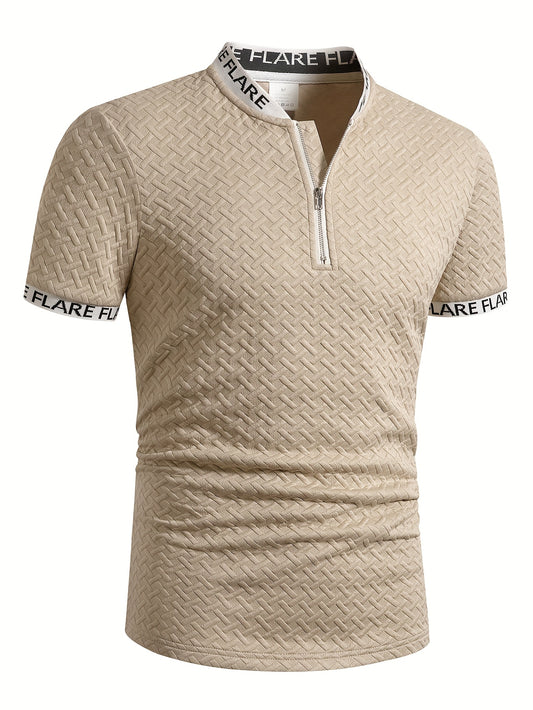 Men'S Casual Short Sleeve Polo Shirt with Stand Collar & Zipper Detail - Olive Green, Breathable Summer Top for Casual Attire, Casual Attire, |stand Collar Shirt|zipper Closure Shirt