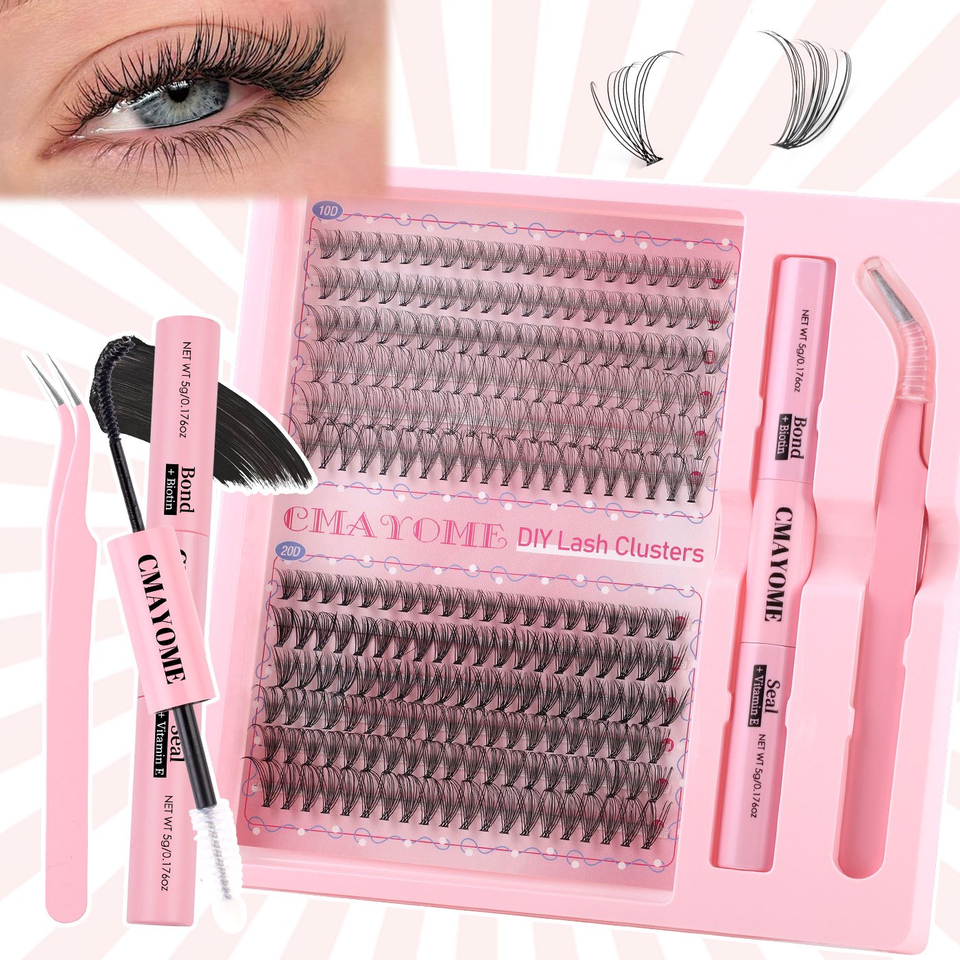 Kit d’extensions de cils DIY – cils naturels style fairy 30D/40D/50D/60D, longueurs mixtes 10-16 mm, courbure D, effet agrandissant les yeux, cils cartoon naturels, colle scellée et pince incluse