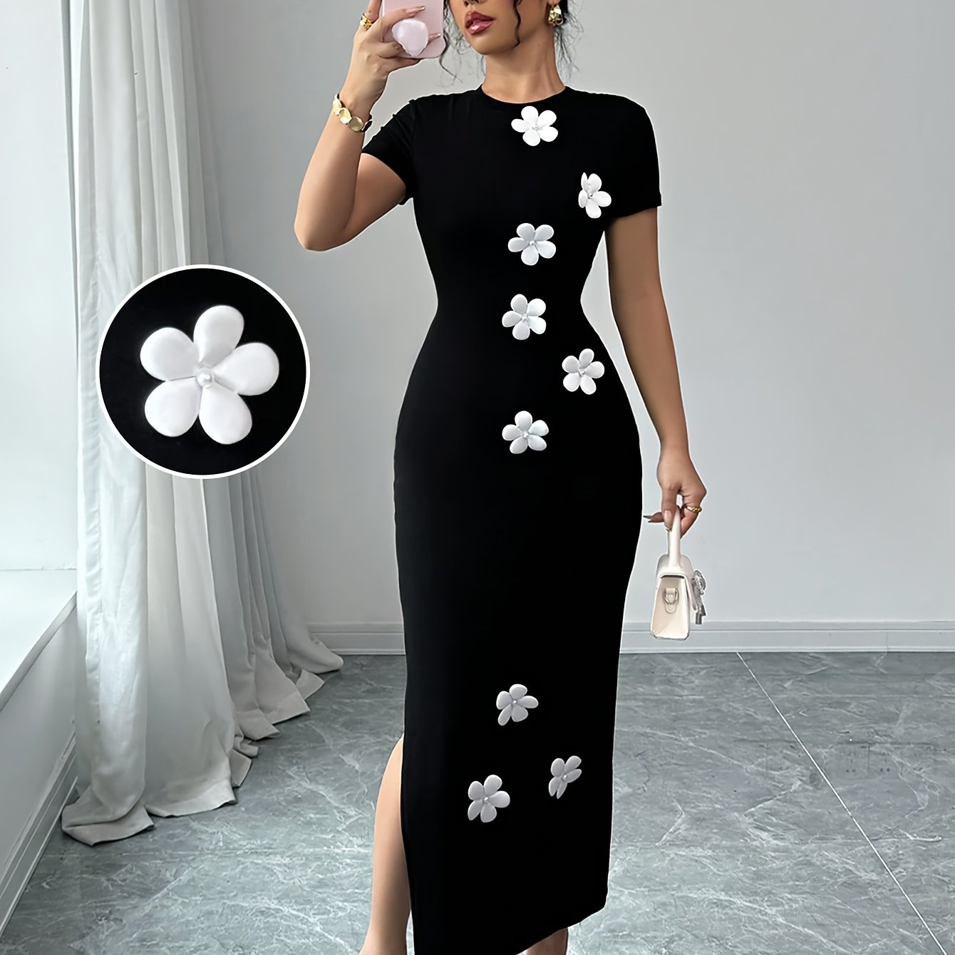 Women's Elegant -Line Dress with Slit - -Length or -the-knee Dress Suitable for Weddings, Parties, Business Events - Machine Washable Solid Color Dress with Round Neck & -Line Silhouette