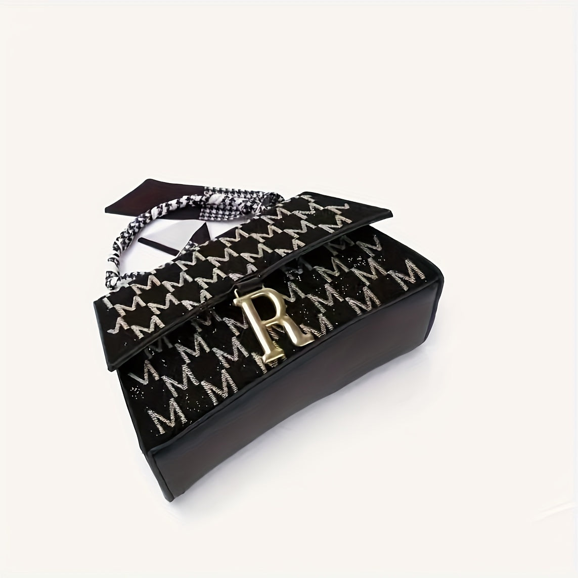 Sac épaule noir et blanc avec lettre « M » et ferrure dorée – bandoulière ou crossbody polyvalent, grande capacité, cadeau idéal pour femmes, accessoire chic, parfait pour Noël