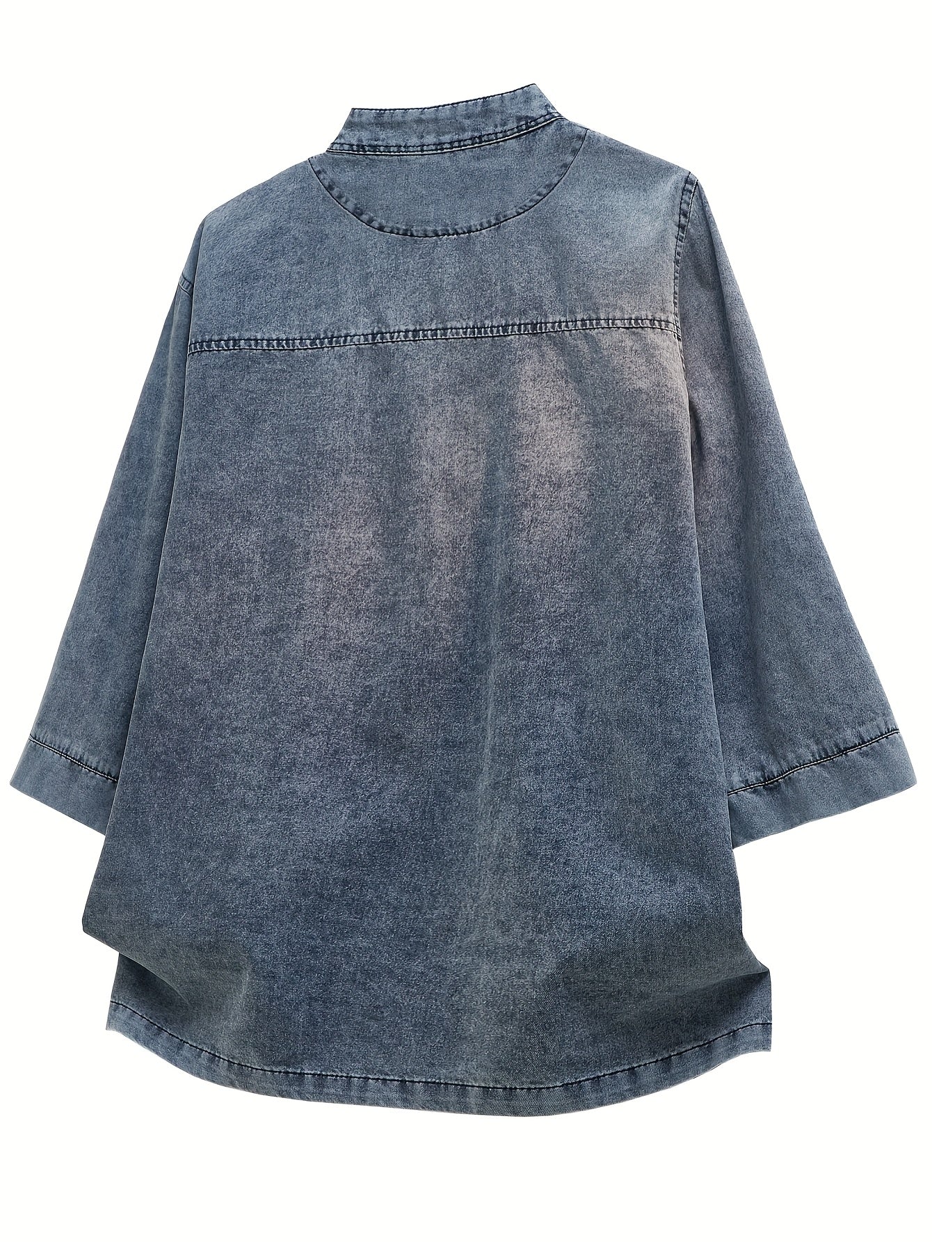 Xingmengzhi OBM Men's Denim Shirt, Loose-Fit Seven-Quarter Sleeve New Chinese Style Button-Up Top, Slim Stand Collar Denim Cardigan Lightweight Jacket