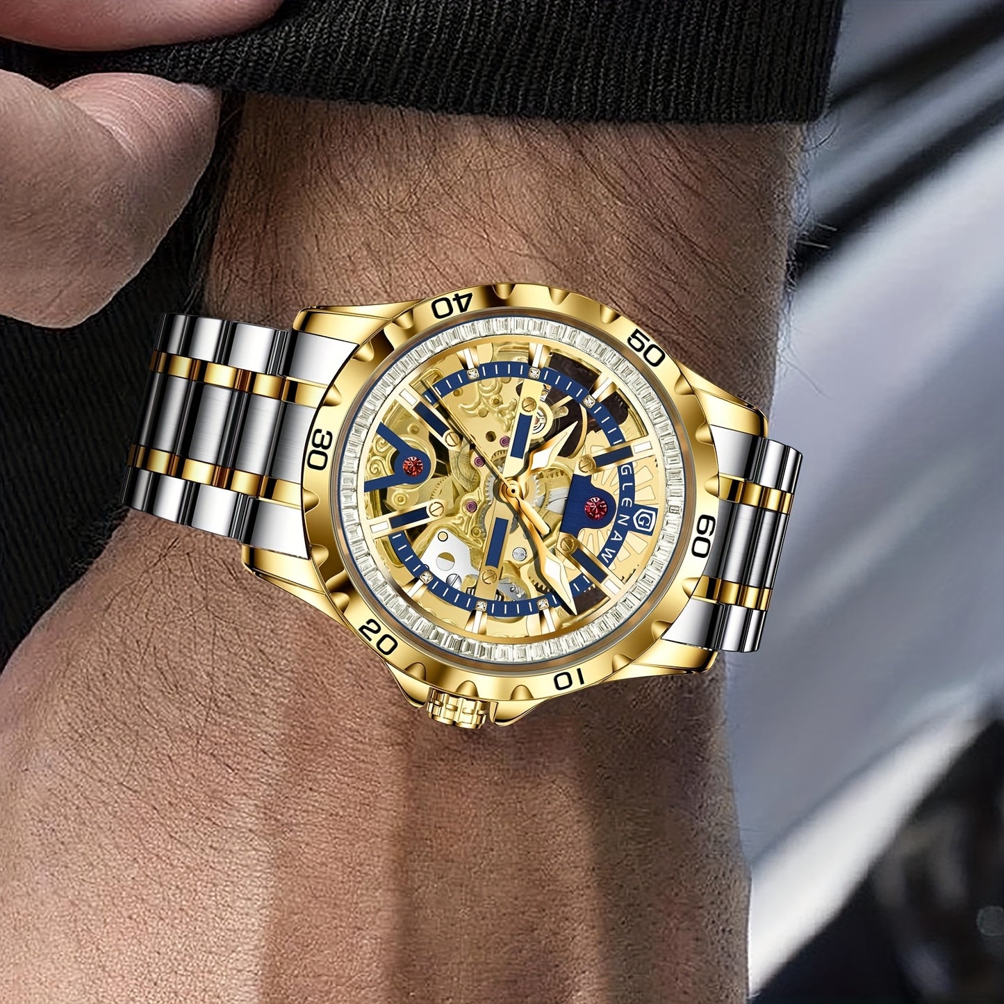 Automatic Watches for Men, Rhinestone Ring Blue Round Frame Men's Watch Stainless Steel Strap Skeleton Mechanical Watch