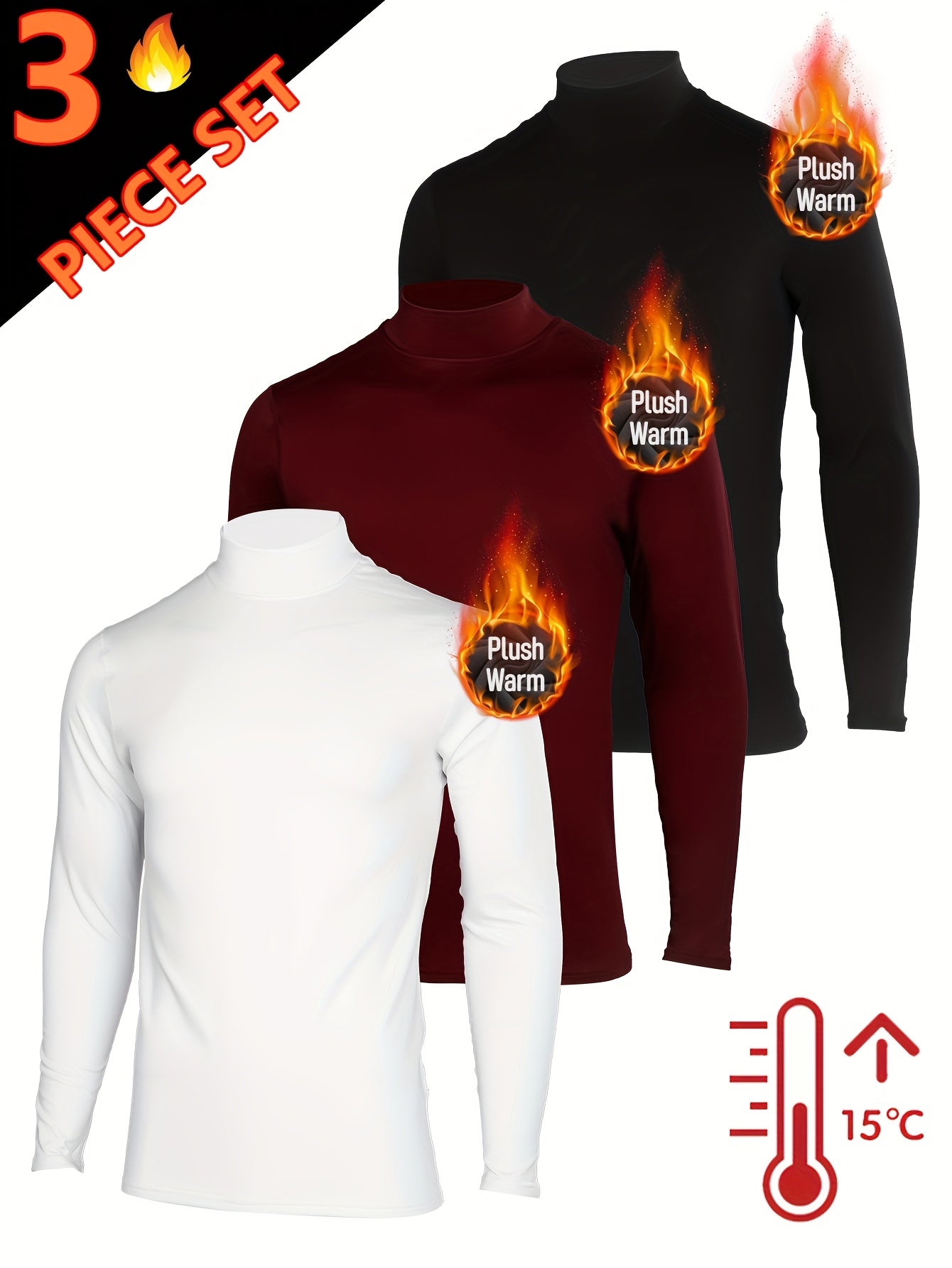 3pcs Sous-Vêtements Thermiques Homme – Col Montant Manches Longues