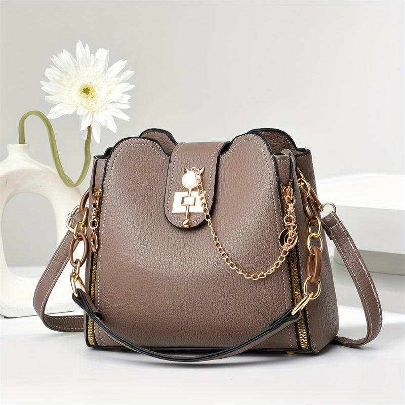 Sac élégant pour femmes – polyvalent, fermeture zippée, doublure polyester, breloque décorative, accessoires dorés, sac quotidien