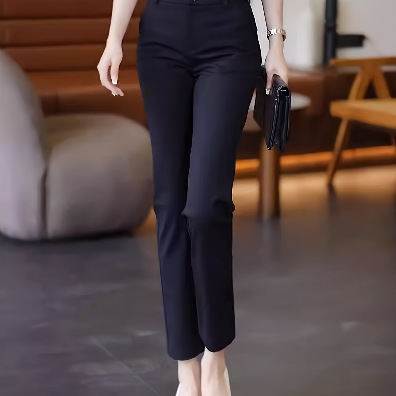 Pantalon Femme Taille Haute – Jambe Droite Noir, Confortable, Taille Élastique, Boutons, Bureau et Décontracté