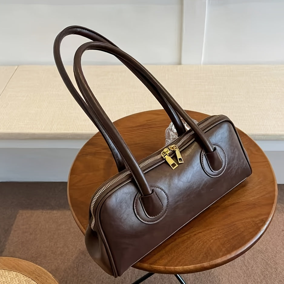Sac épaule vintage pour femmes – style baguette français chic automne/hiver 2025, doublure polyester, fermeture zippée, marron foncé élégant avec ferrures dorées, polyvalent et sécurisé pour voyages