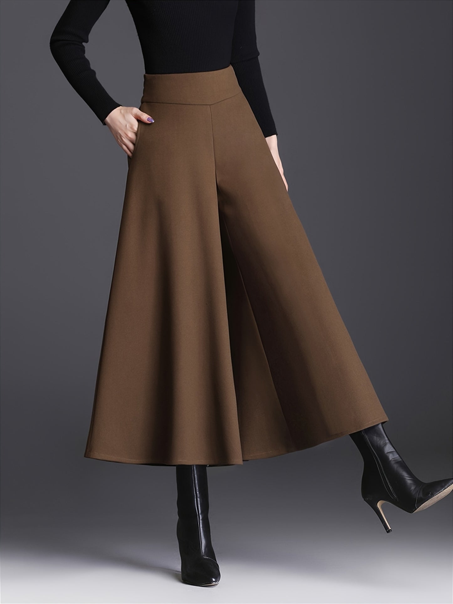 Pantalon Femme Taille Haute – Jambe Large Doublé Polaire, Taille Élastique, Confortable, 7/8, Automne/Hiver