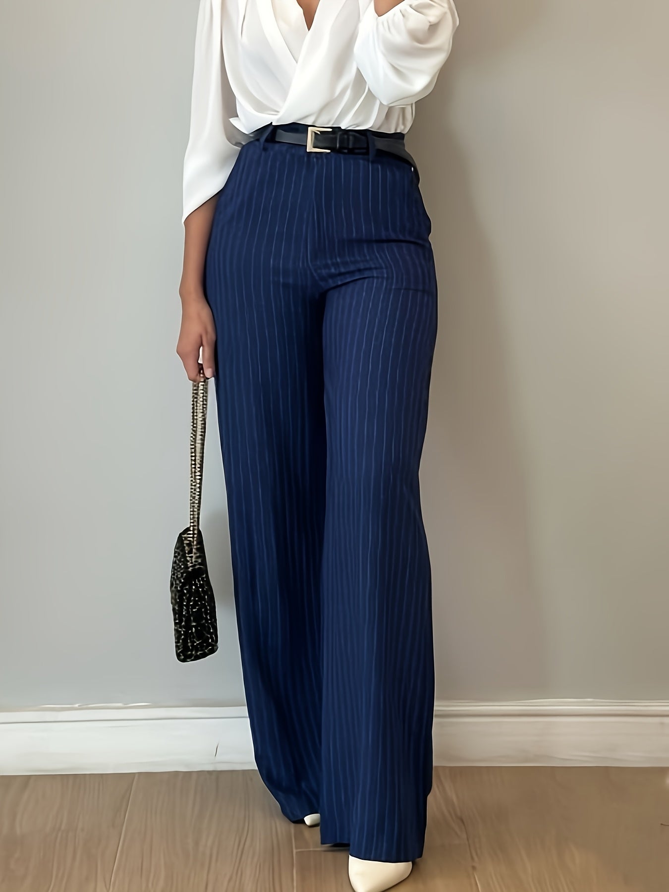 Women's Blue Striped Long Pants Without Belt Elegant Comfortable Fashion Wide-Leg Trousers LL168