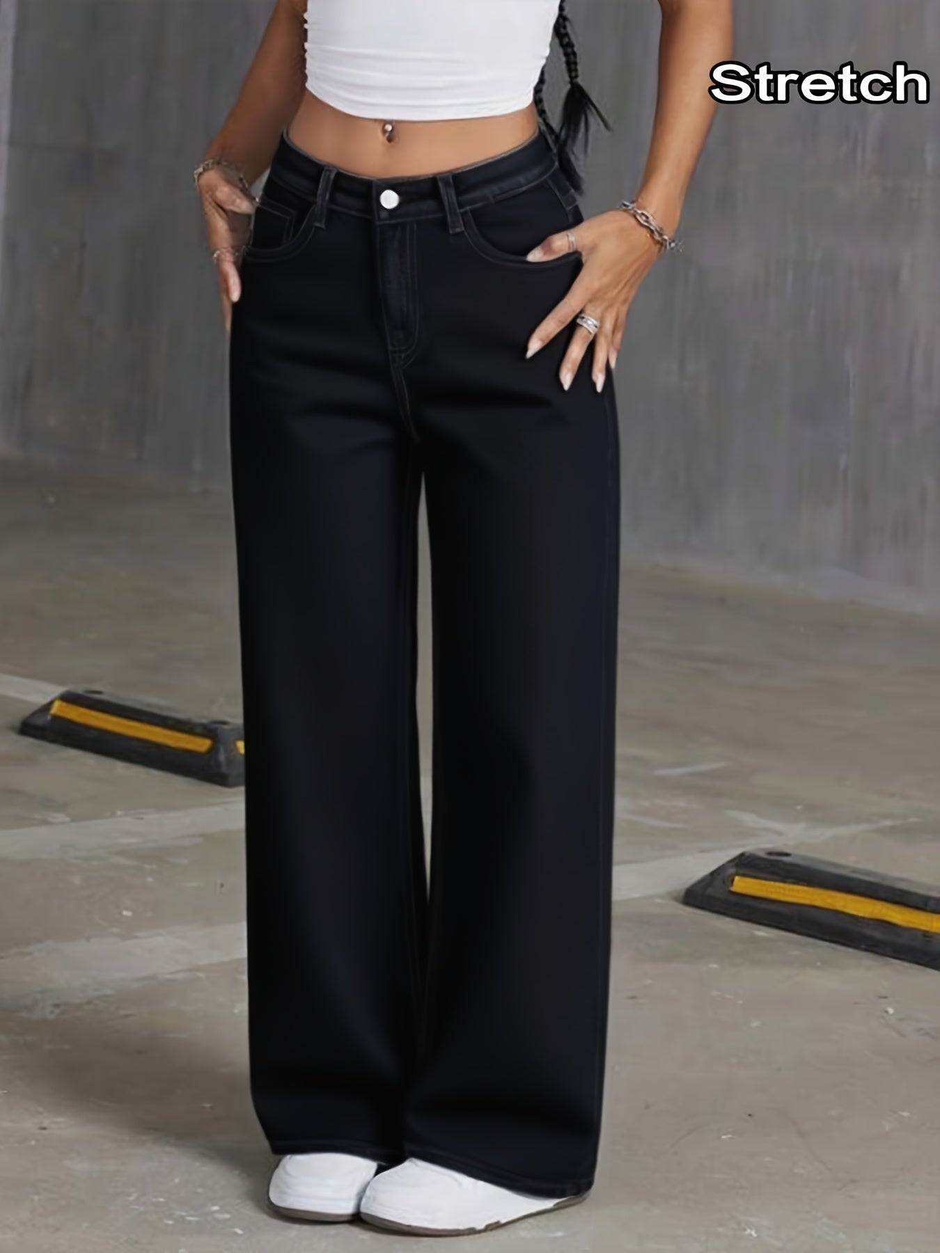 Jeans Femme Noir Jambe Large Extensible Poches Confortable Polyvalent Toute Saison Décontracté