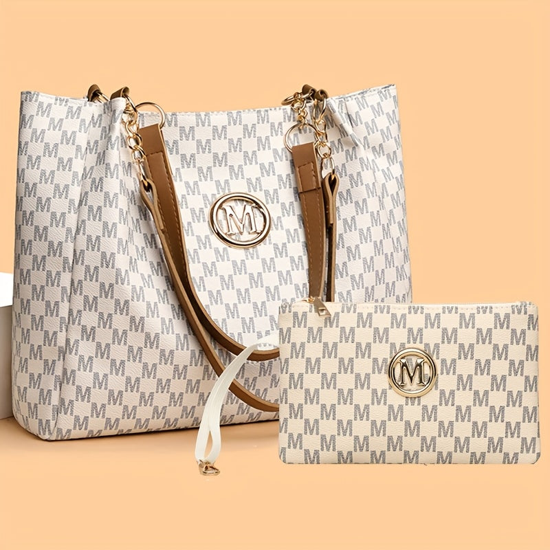 Set de 2 sacs pour femmes – grande capacité, sac fourre-tout et bandoulière, élégant avec ferrures dorées et chaîne, fermeture zippée, bandoulières fixes, brun, polyvalent pour travail, voyage et usage quotidien