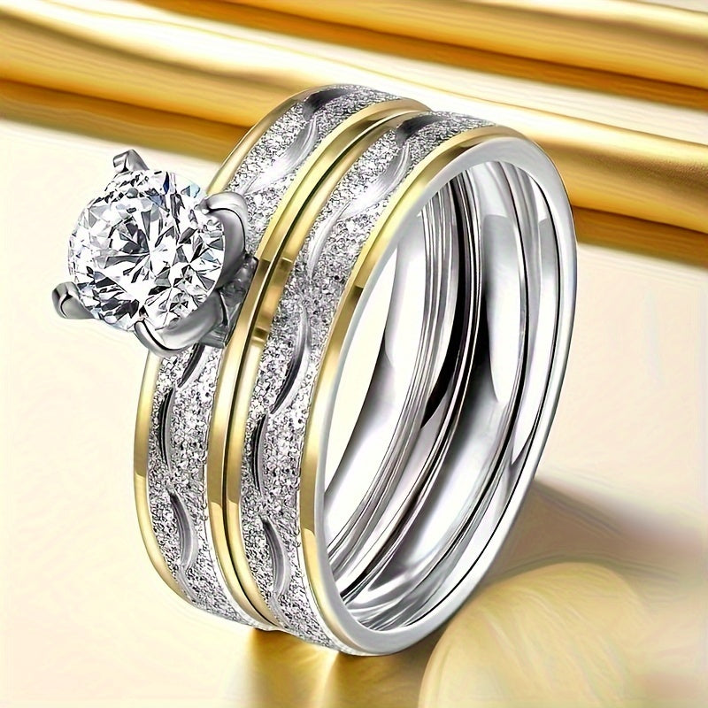 3pcs Couple Ring Set (2pcs/Set for Women + 1pc for Men) Stylish -Plated Stainless Steel Rings for Women And Stainless Steel Ring for Men, Perfect Gift for Christmas, Valentine'S Day, And Wedding Anniversaries.
