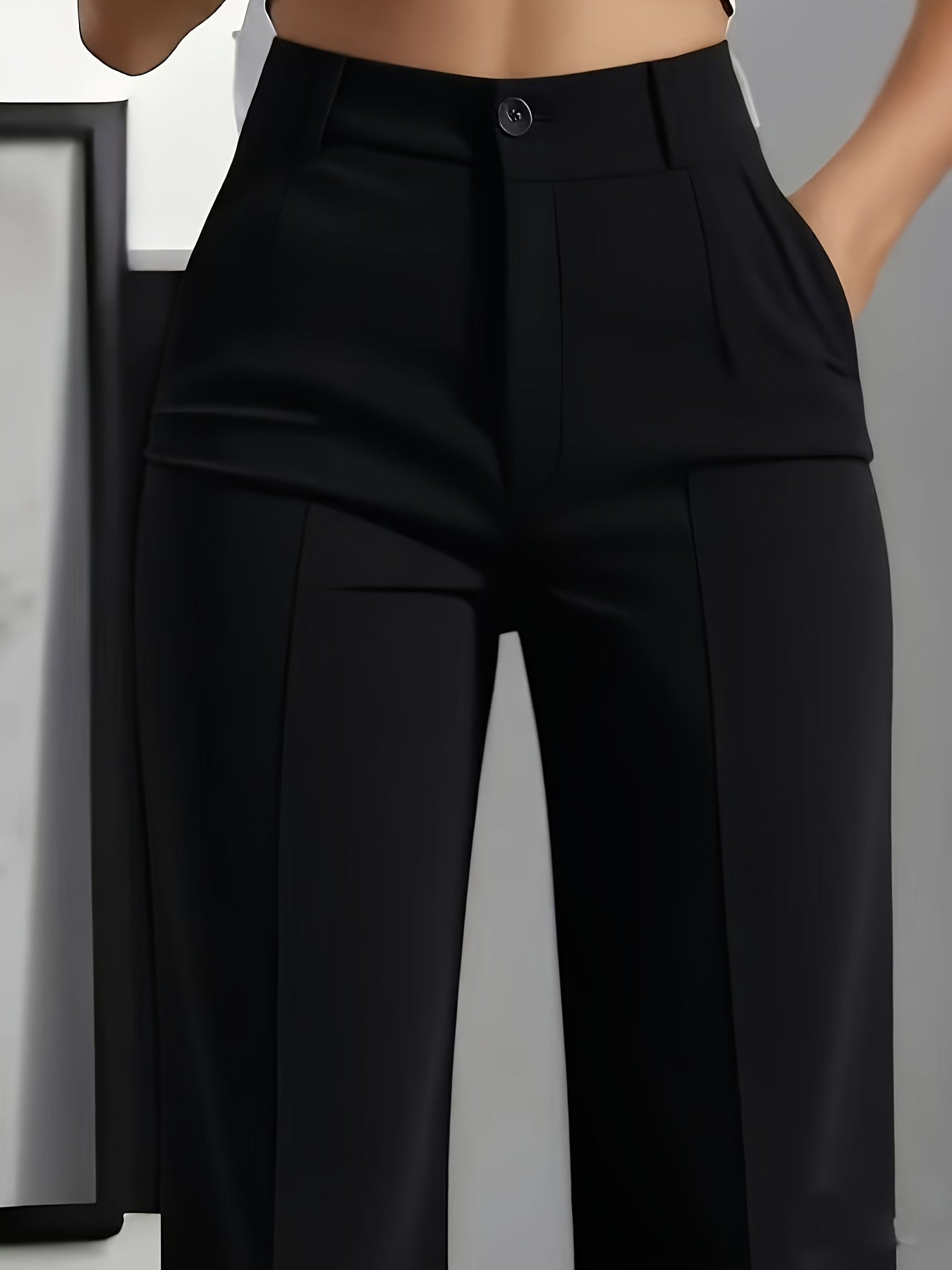 Pantalon Femme Taille Haute – Jambe Large, Sans Ceinture, Poches, Longueur Structurée, Tous Saisons, Bureau et Décontracté