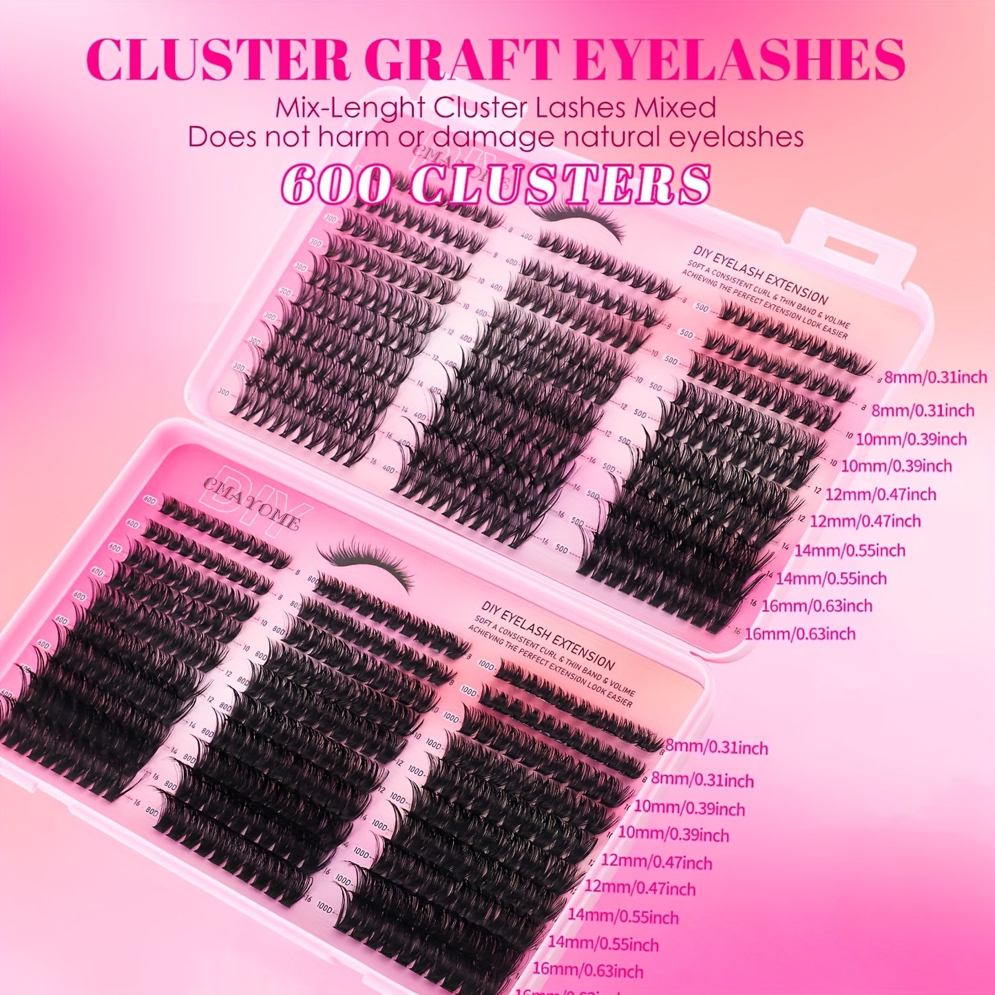 600/200 pcs Cils Individuels – Kit d’Extensions DIY 30D/40D/50D, Inclus Pince et Brosse Douce, Cils Réutilisables, Parfaits pour Maquillage de Soirée, Scène et Festivals