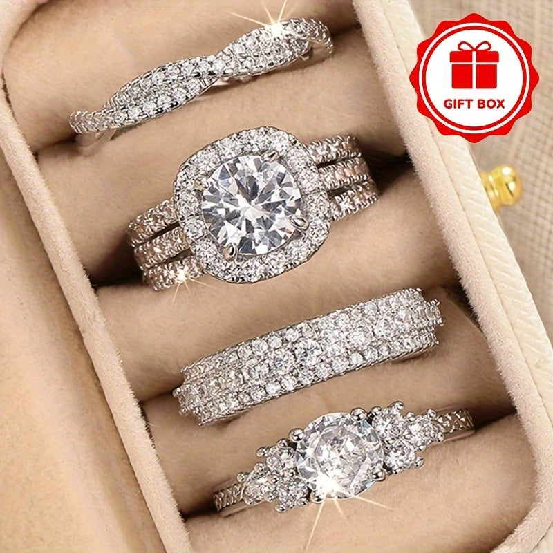 4pcs Women'S Zirconia Stone Ring, The Overall Material Is Alloy, Women'S Ring Set,Very Shiny, Suitable for Wedding Wear, Attendance Event Collocation, Daily Fashion Commuting, Banquet Accessories