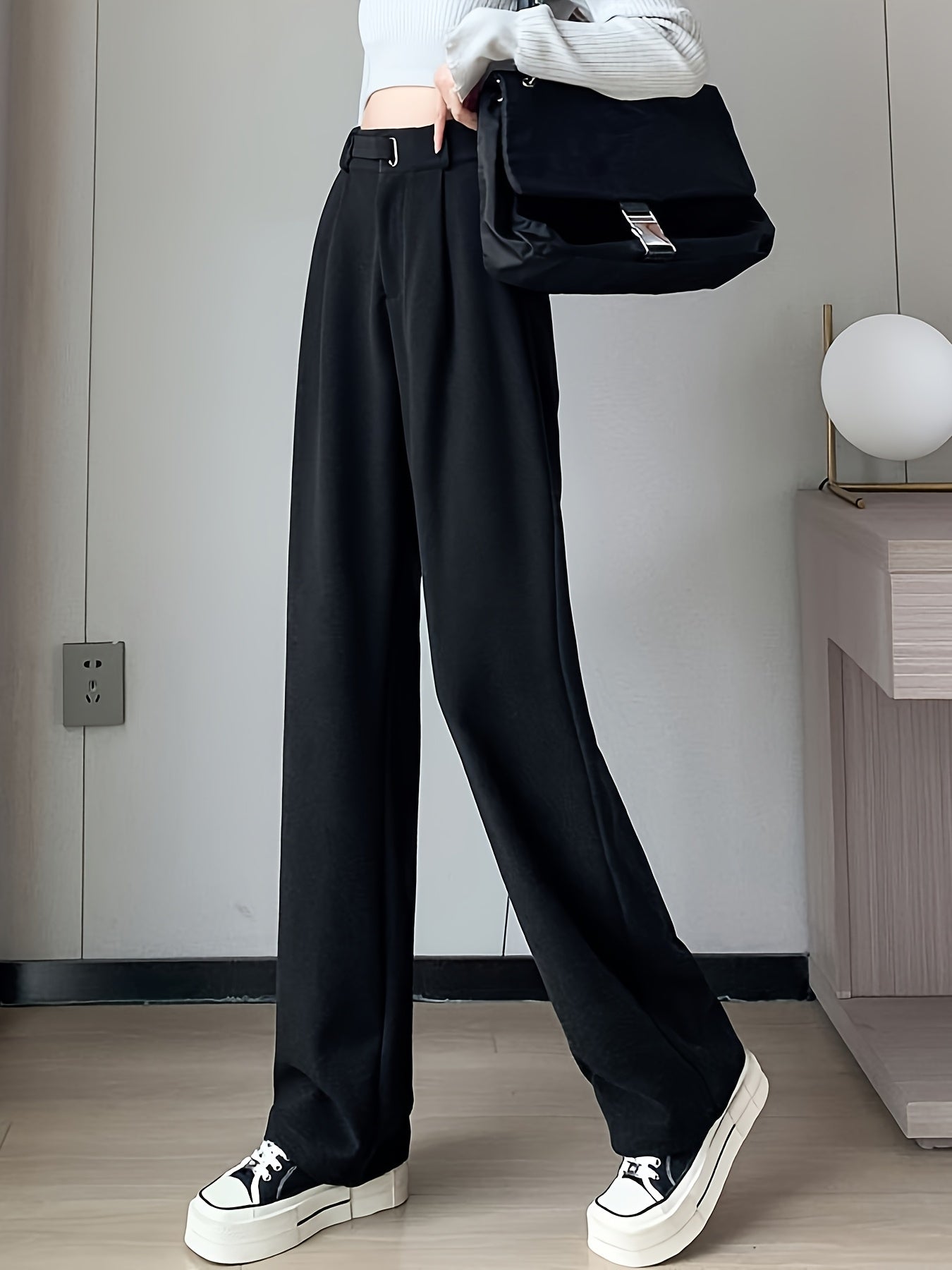 Pantalon Femme en Tweed – Gris, Taille Haute, Jambe Droite, Automne/Hiver, Sans Ceinture