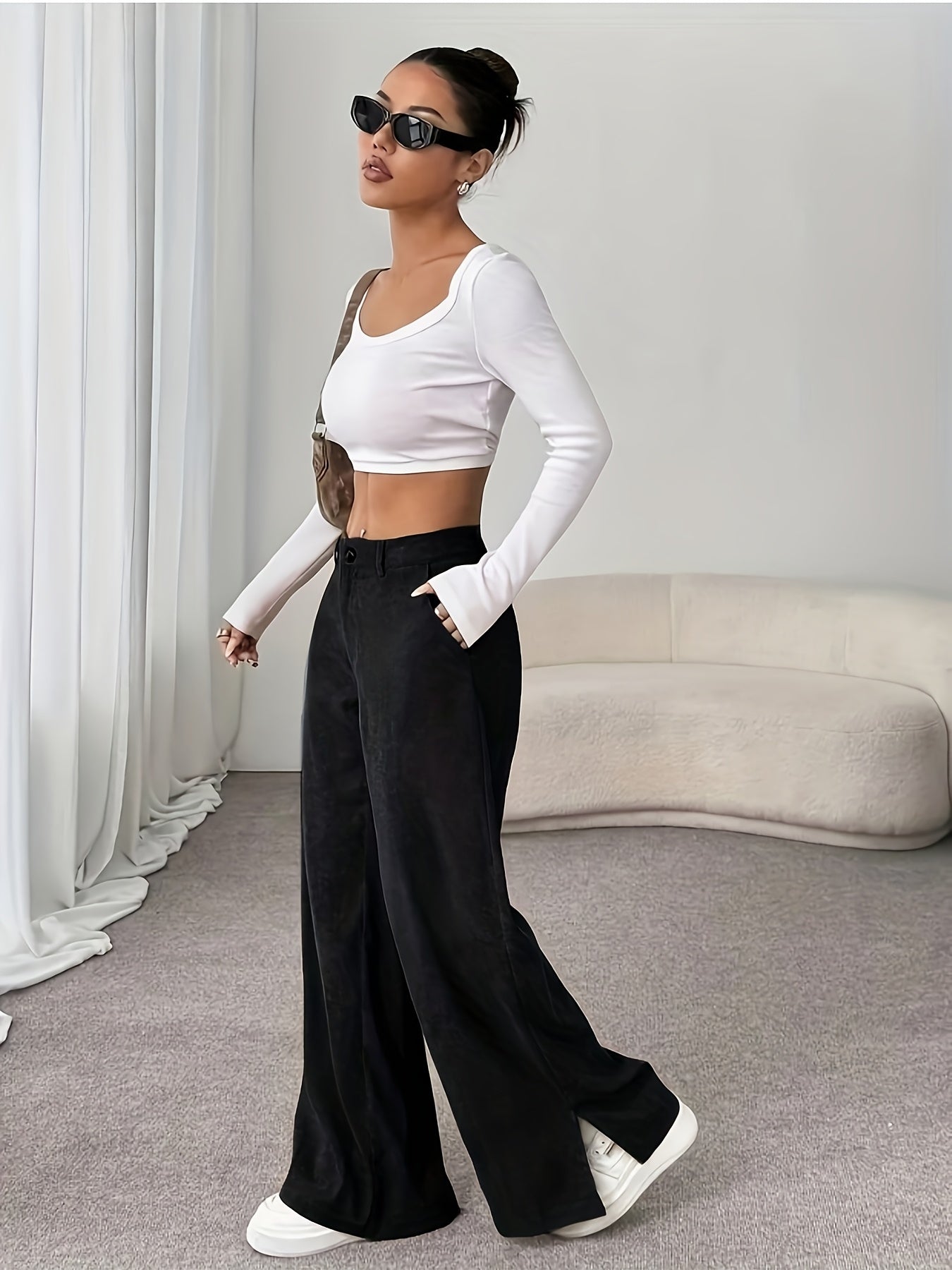 Pantalon Femme Décontracté Jambe Large – Poches Latérales, Tous Saisons, Bureau et Décontracté