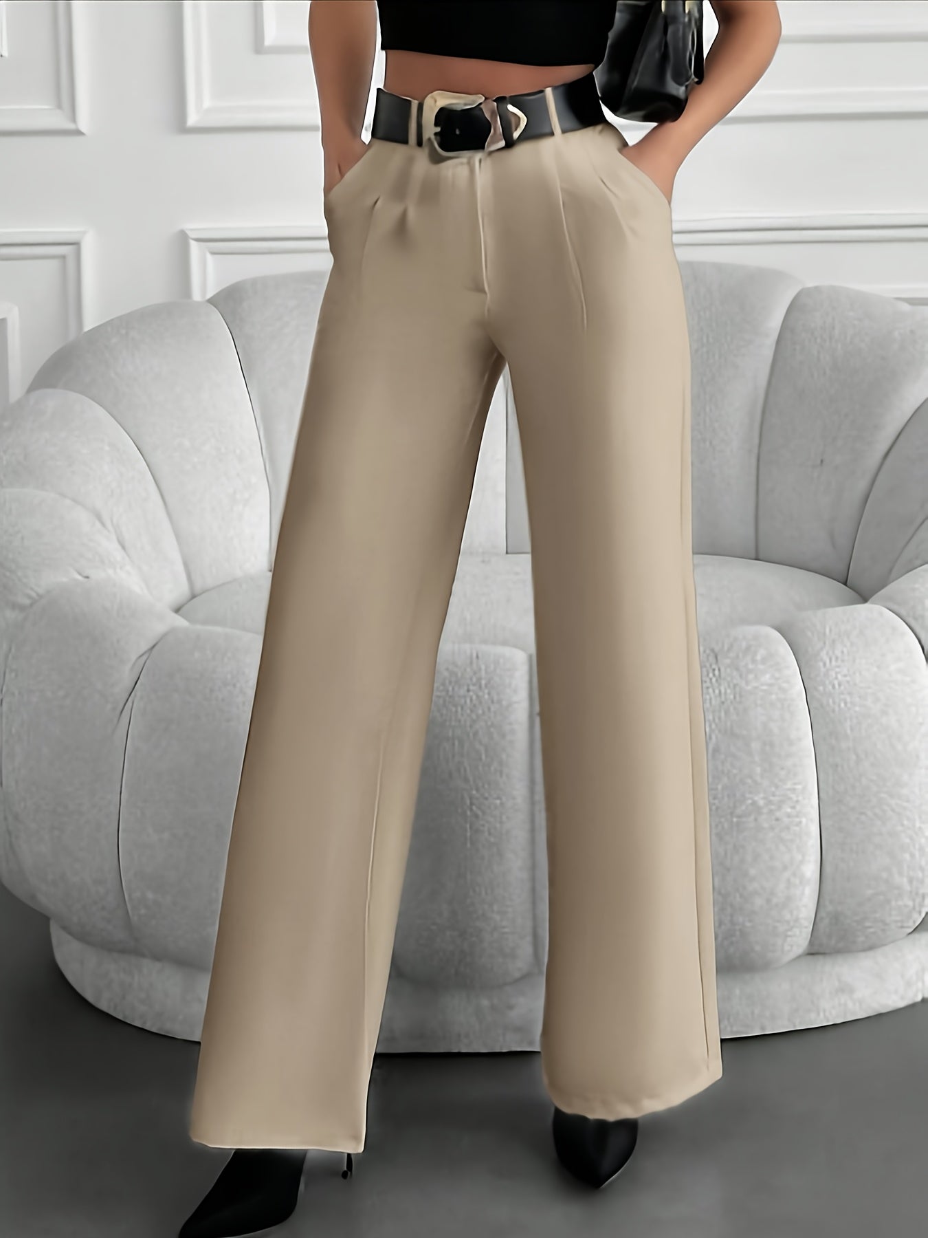 Pantalon Femme Élégant Jambe Large – Noir, Taille Haute avec Ceinture et Poches Latérales