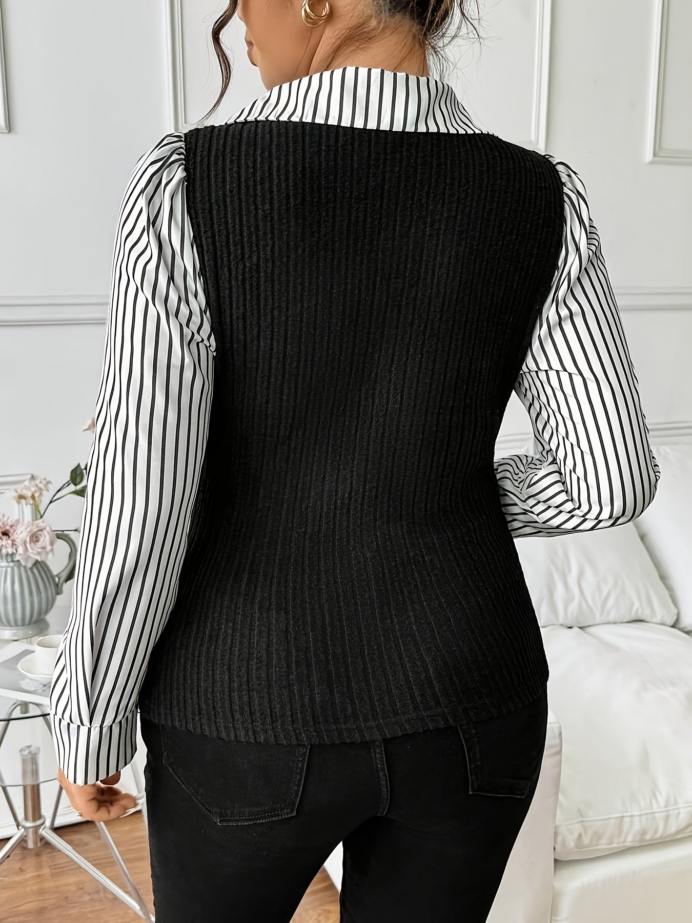 Haut femme grande taille, patchwork effet deux-pièces avec col