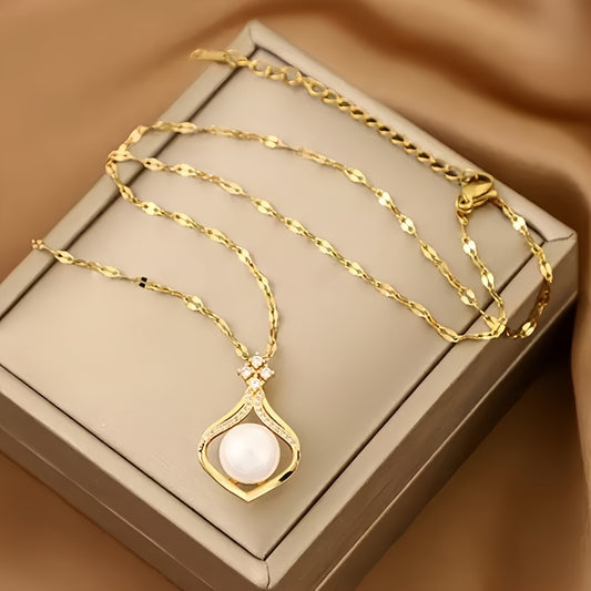 Collier Élégant Femme – Pendentif en Acier Inoxydable Plaqué Or 18K avec Perle Imitation, Hypoallergénique, Design Simple et Luxueux, Idéal Quotidien, Soirées et Cadeau, Accessoire Minimaliste Polyvalent