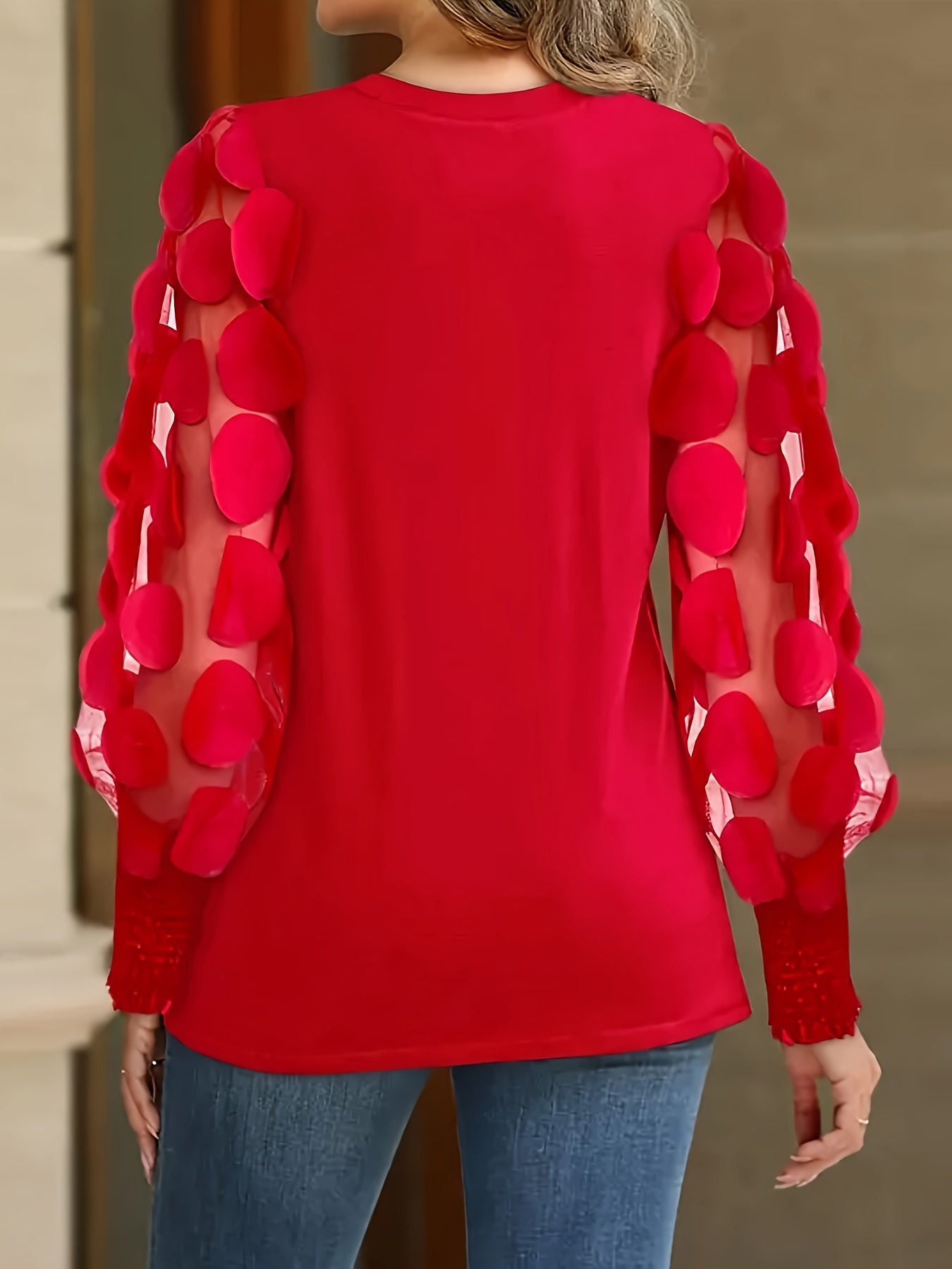 Blouse Y2K rouge à volants en mesh pour femmes, manches longues, col rond élégant avec bordure contrastée, printemps/été/automne