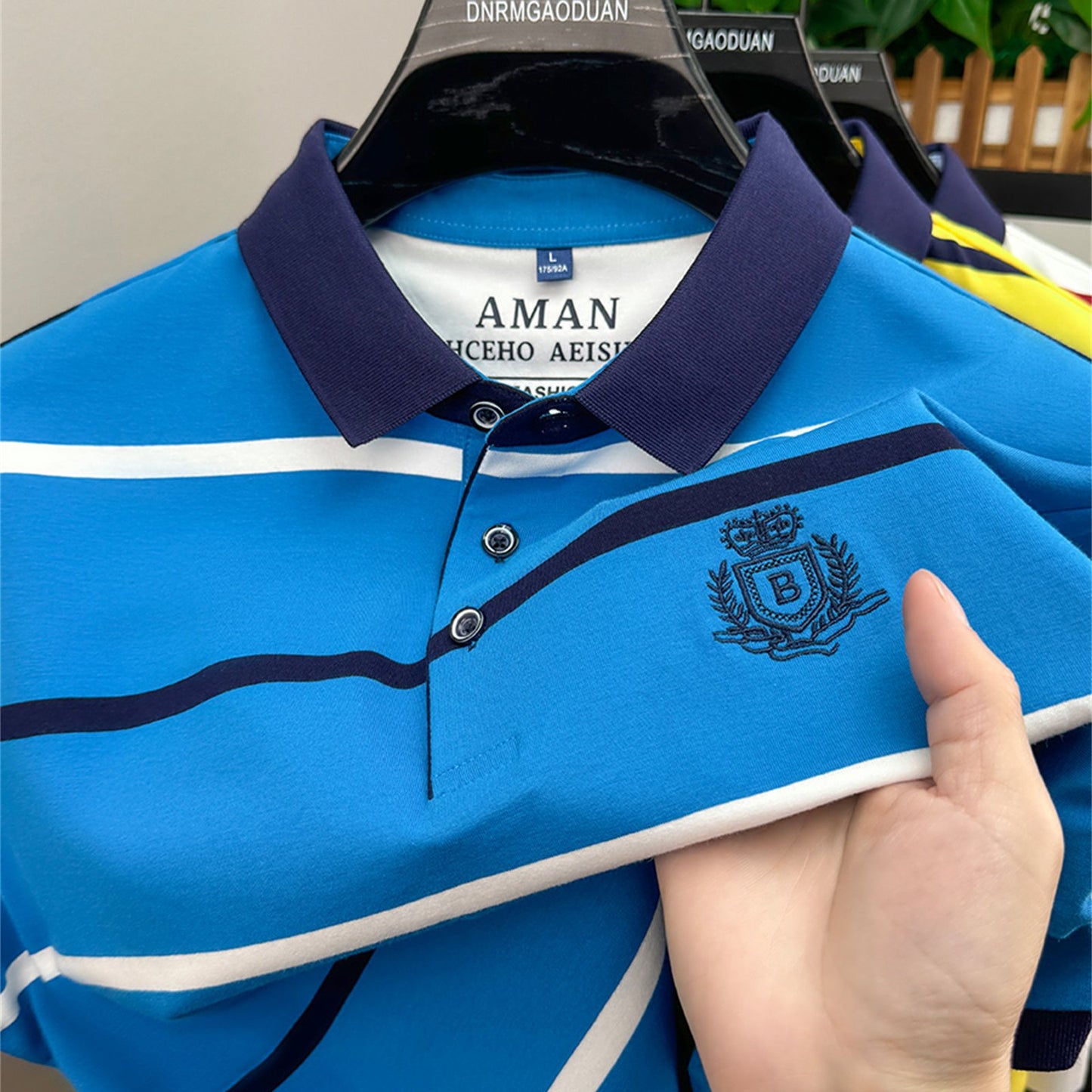 CRRTMARO Men's Short Sleeve Shirt - Summer Striped Embroidered Logo, Vibrant Yellow & Navy, Breathable Regular Fit Casual Button-Up for Office & Leisure