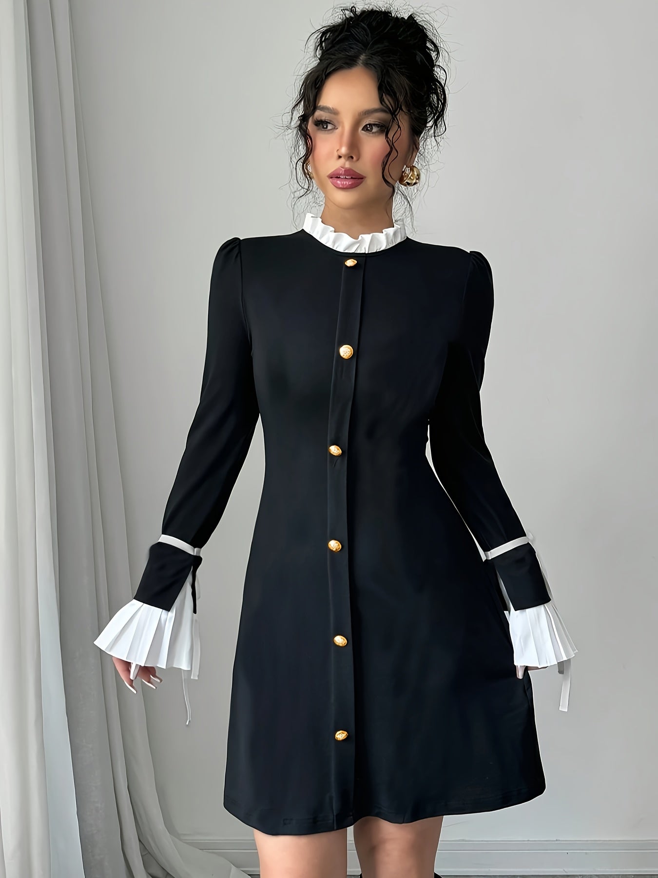 Robe chic patchwork femme – Col et poignets avec nœud, noir & blanc, soirée et formelle, tissu haut de gamme