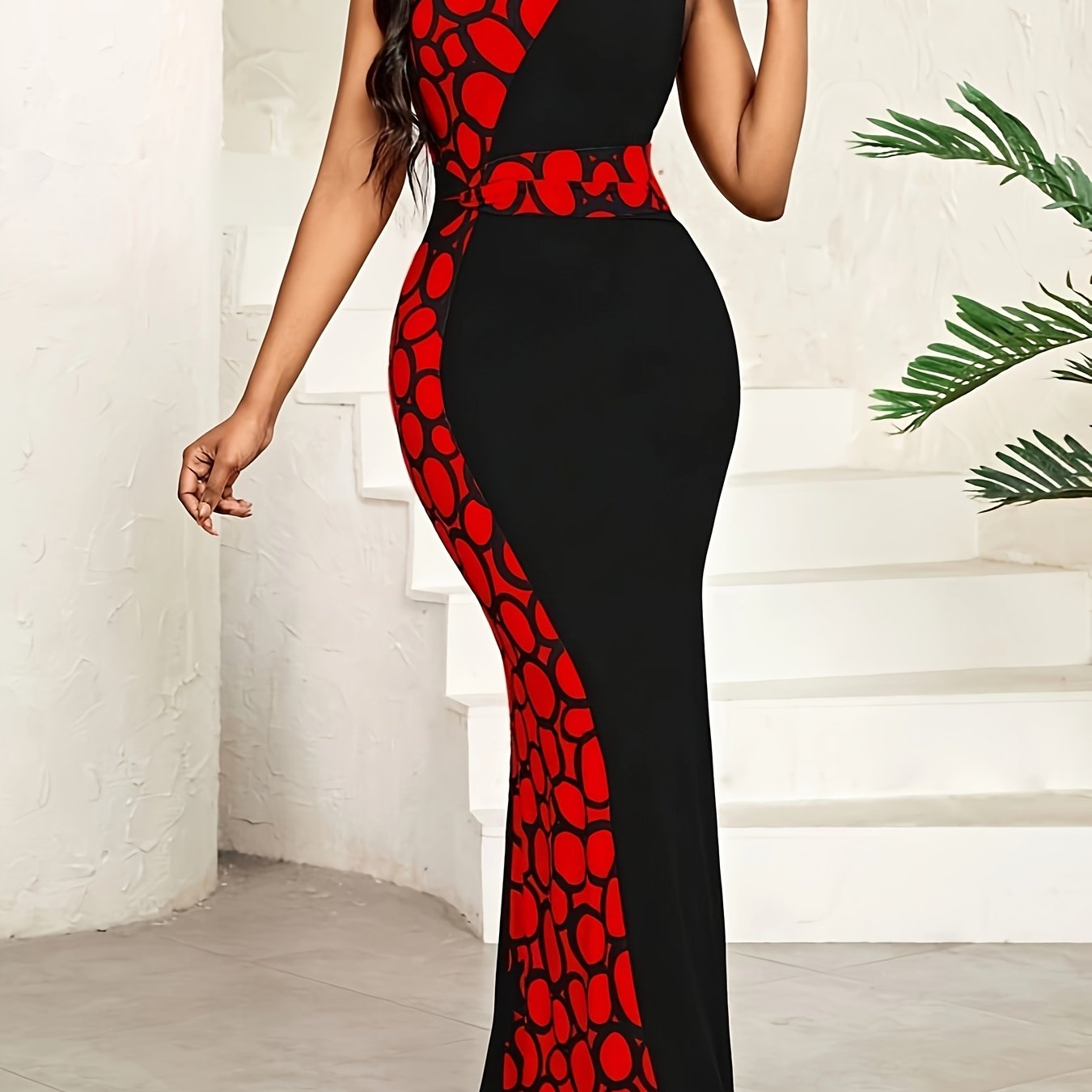 European and American Summer Festival Party Gathering Circle Print Patchwork Elegant Dress V-Neck Sleeveless Waist-Cinching Hip-Enhancing Mermaid Dress