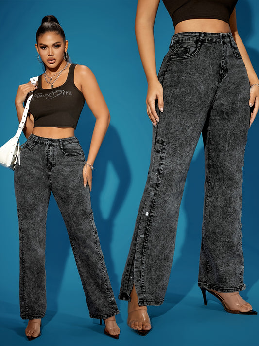 Jeans Femme Rétro Jambe Droite Boutons Frontaux