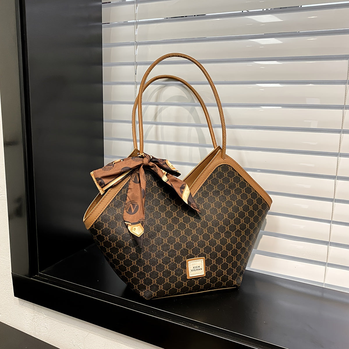 Sac Cabas Femme – Extra Large, Ruban Noeud, Noir & Marron, Zippé, Quotidien