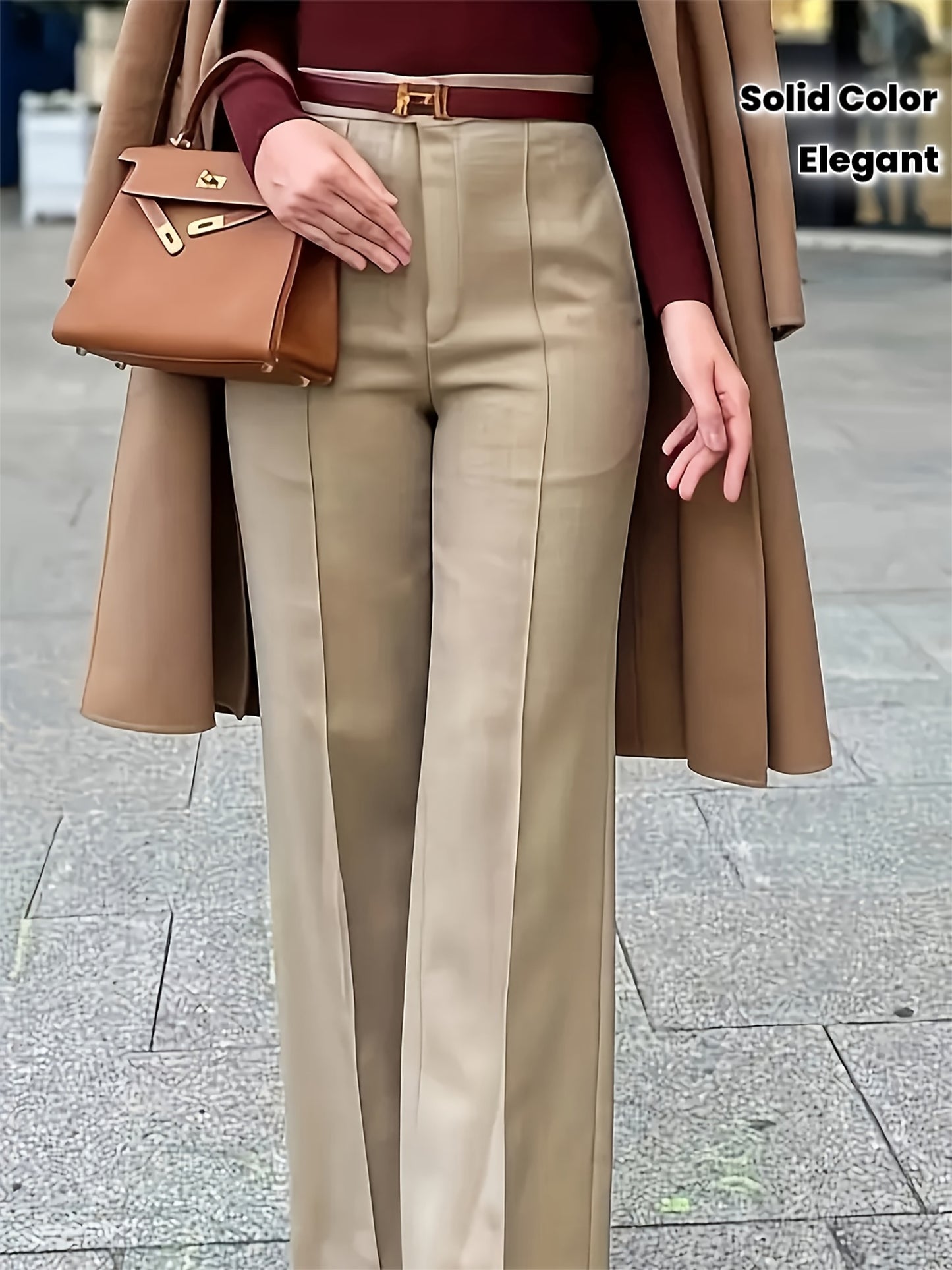 Pantalon Femme Taille Haute – Jambe Large, Extensible, Poches et Fermeture Zippée, Couleur Unie, Tous Saisons