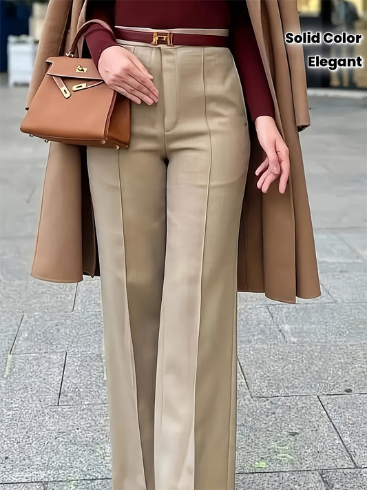 Pantalon Femme Taille Haute – Jambe Large, Extensible, Poches et Fermeture Zippée, Couleur Unie, Tous Saisons