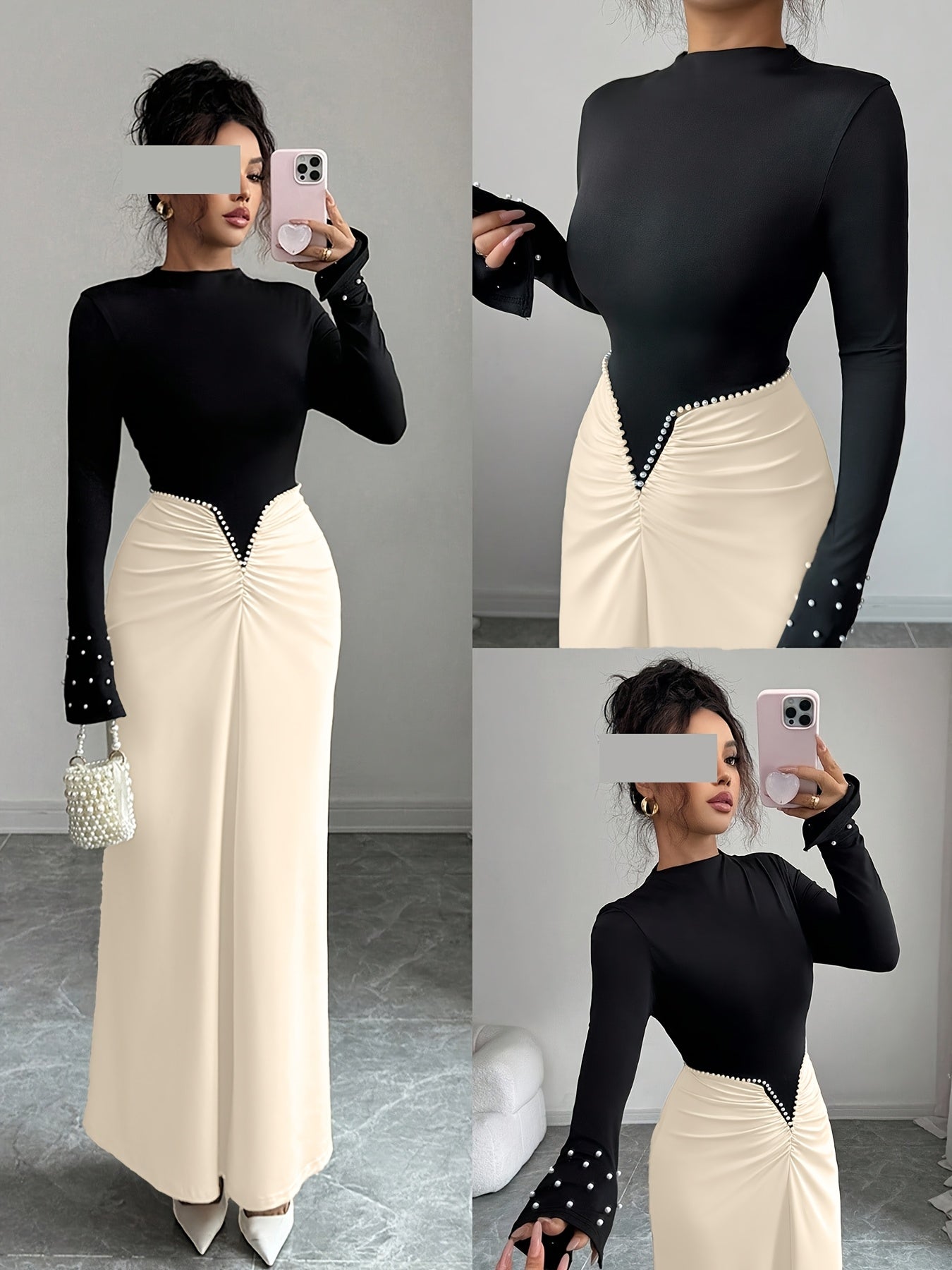 Women's Winter Long Evening Gown with Pearl & Color-Block Collar - Long Sleeve A-Line Dress Suitable for Christmas, New Year's Eve, Weddings, Proms - Elegant Party & Commuting Attire - Machine Washable High Elasticity Dress