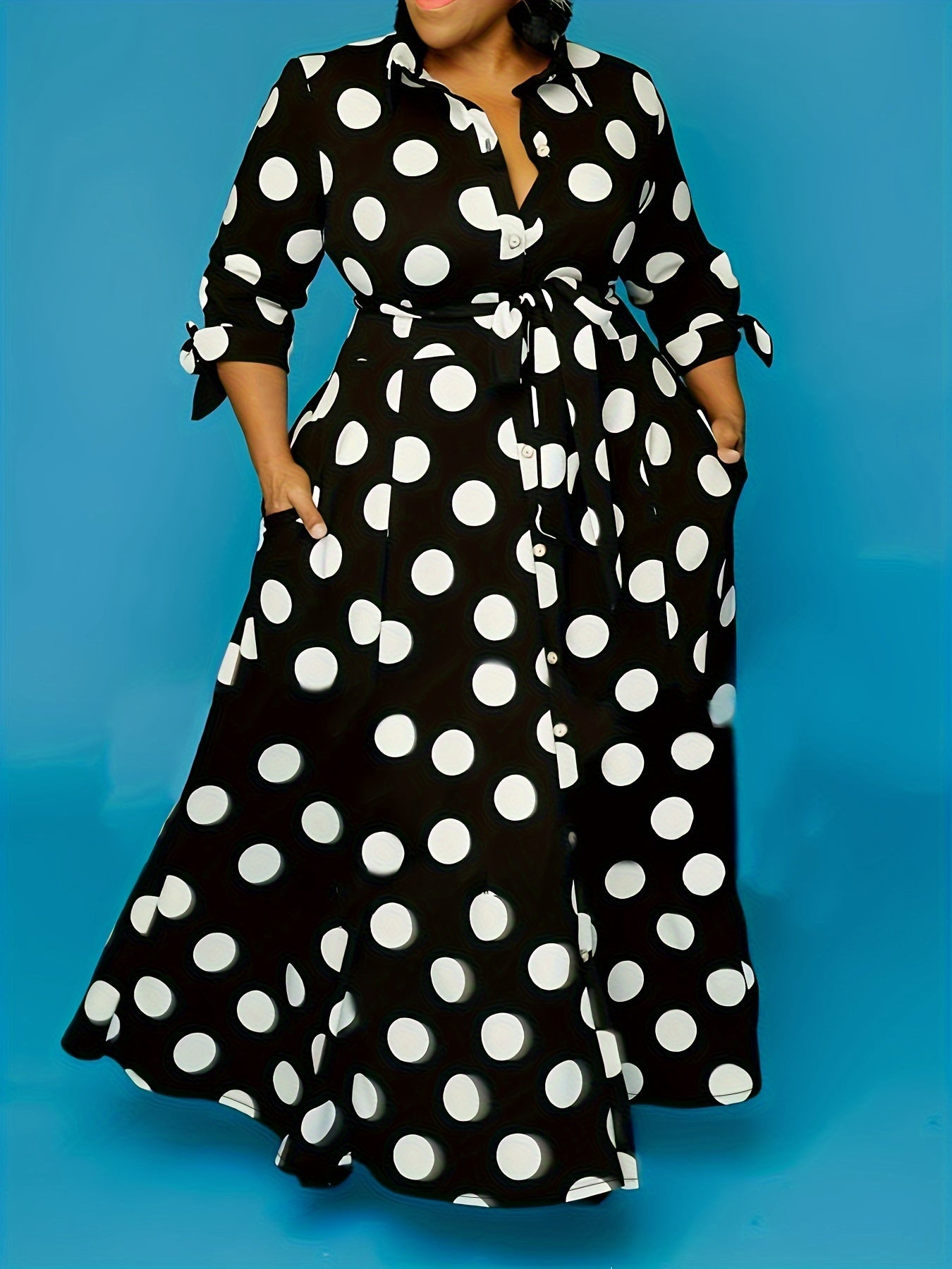 Robe Élégante Grande Taille – Femme, Maxi Robe à Pois, Boutonnée, Col avec Ceinture