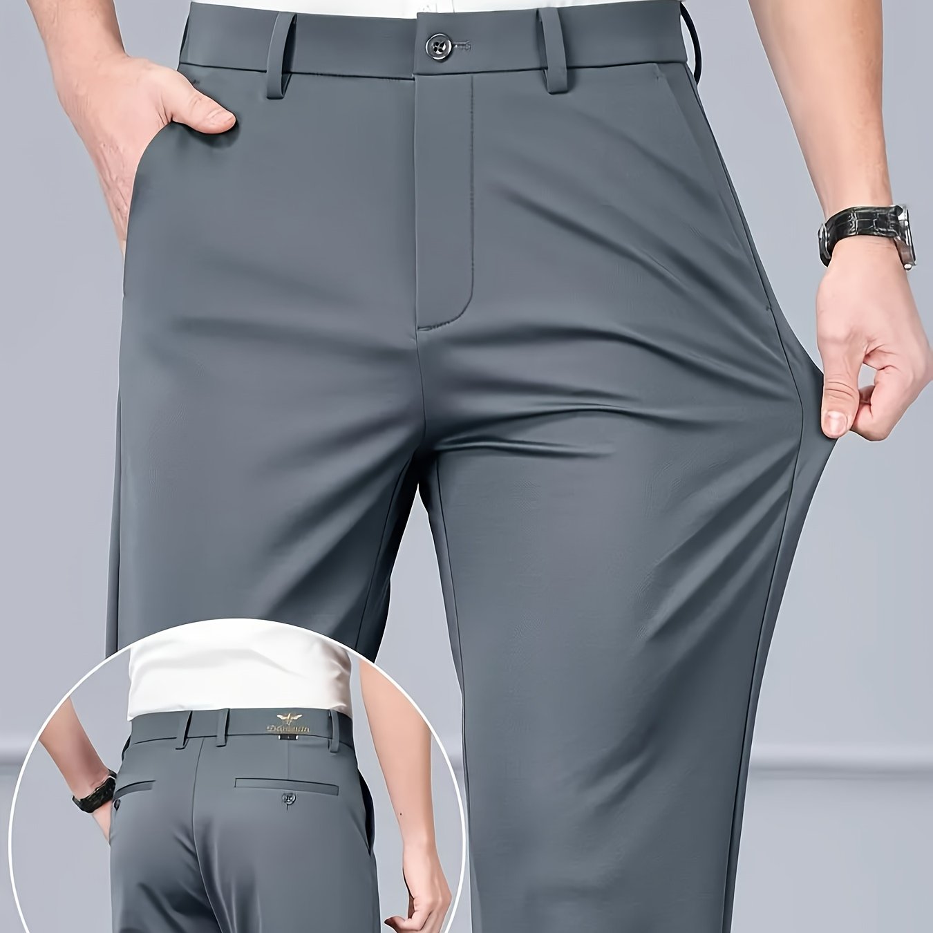 Pantalon homme anti‑froissement avec motif abeille – Pantalon formel et casual toutes saisons, tissu très extensible, fermeture zippée, emblème abeille doré, coupe mi‑haute ample, idéal bureau, golf, mariages (pas de nettoyage à sec)