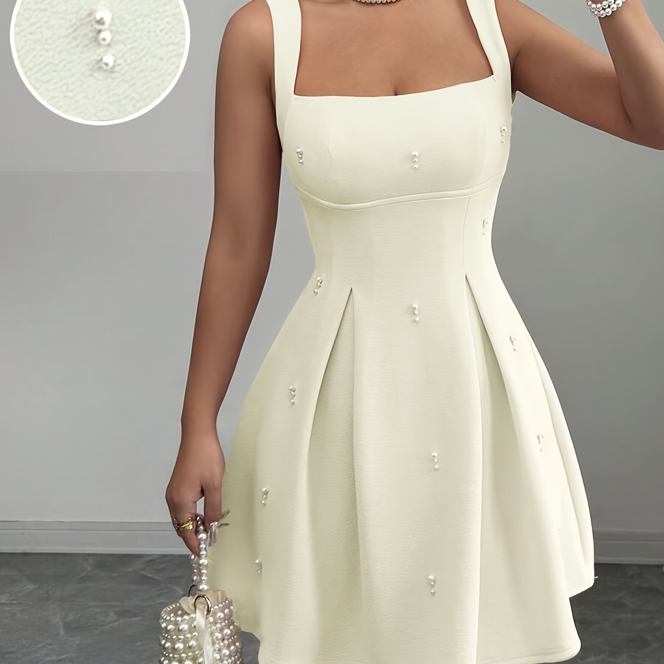 obe femme rose pastel sans manches – Col carré, jupe A-line évasée, chic