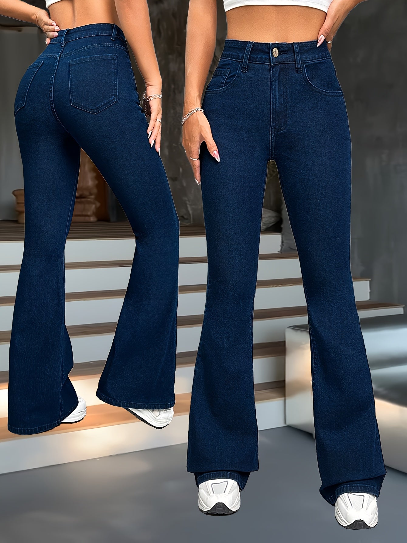 Jean Évasé Taille Haute Femme – Bleu Foncé, Extensible, Boutons Détail, Confort Toute Saison